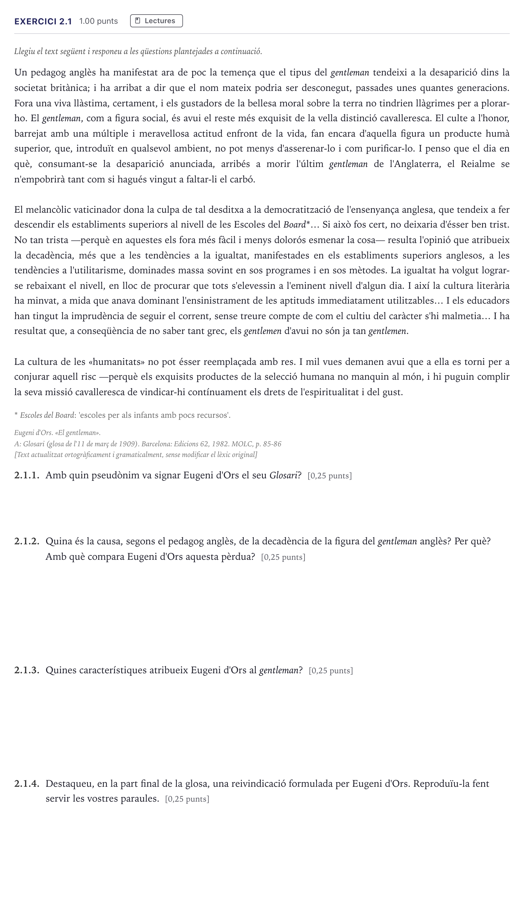 Enunciado: Ejercicio 2.1 · Lengua Catalana y Literatura II Selectividad Cataluña Serie 2 2026