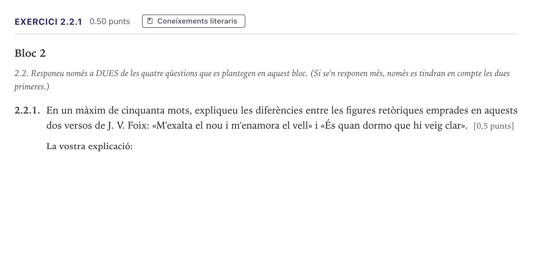 Enunciado: Ejercicio 2.2.1 · Lengua Catalana y Literatura II Selectividad Cataluña Serie 2 2026