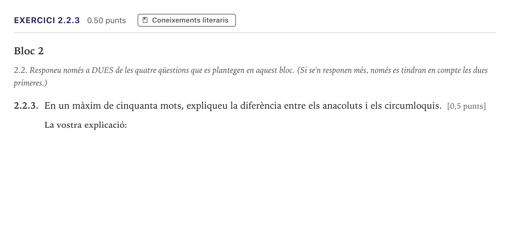 Enunciado: Ejercicio 2.2.3 · Lengua Catalana y Literatura II Selectividad Cataluña Serie 2 2026