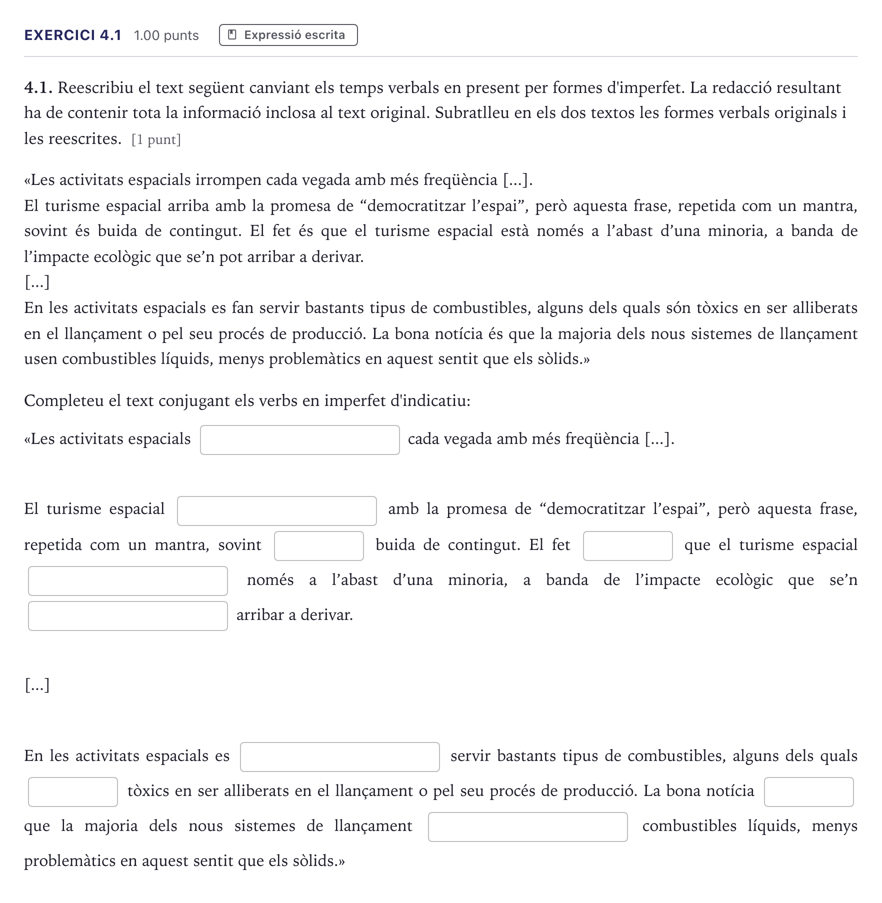 Enunciado: Ejercicio 4.1 · Lengua Catalana y Literatura II Selectividad Cataluña Serie 2 2026