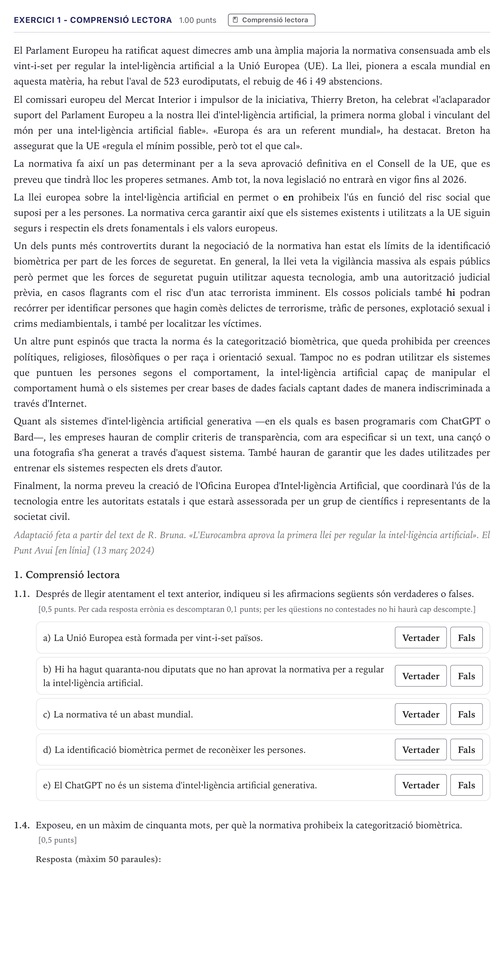 Enunciado: Ejercicio 1 - Comprensió lectora · Lengua Catalana y Literatura II Selectividad Cataluña Serie 5 2026