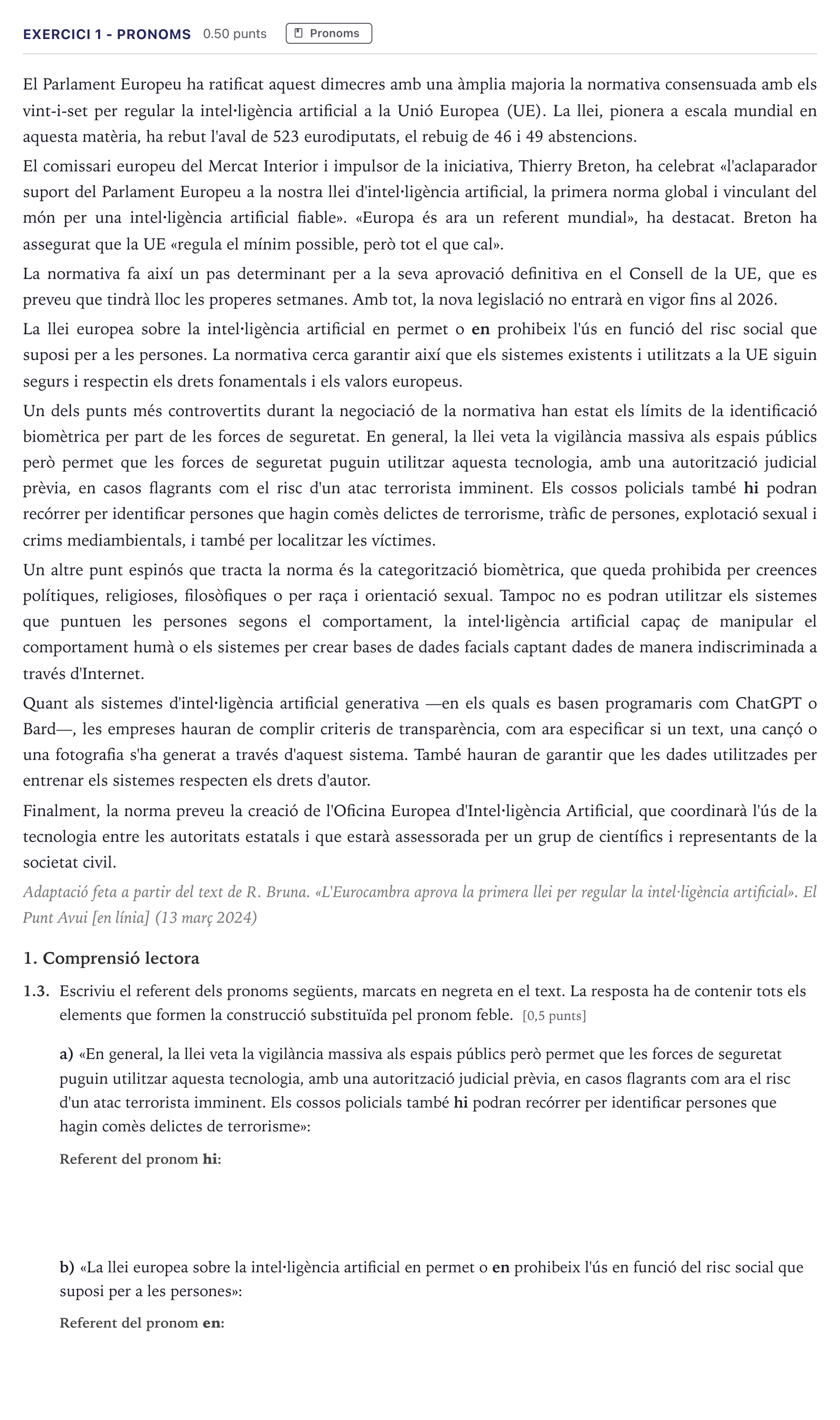 Enunciado: Ejercicio 1 - Pronoms · Lengua Catalana y Literatura II Selectividad Cataluña Serie 5 2026