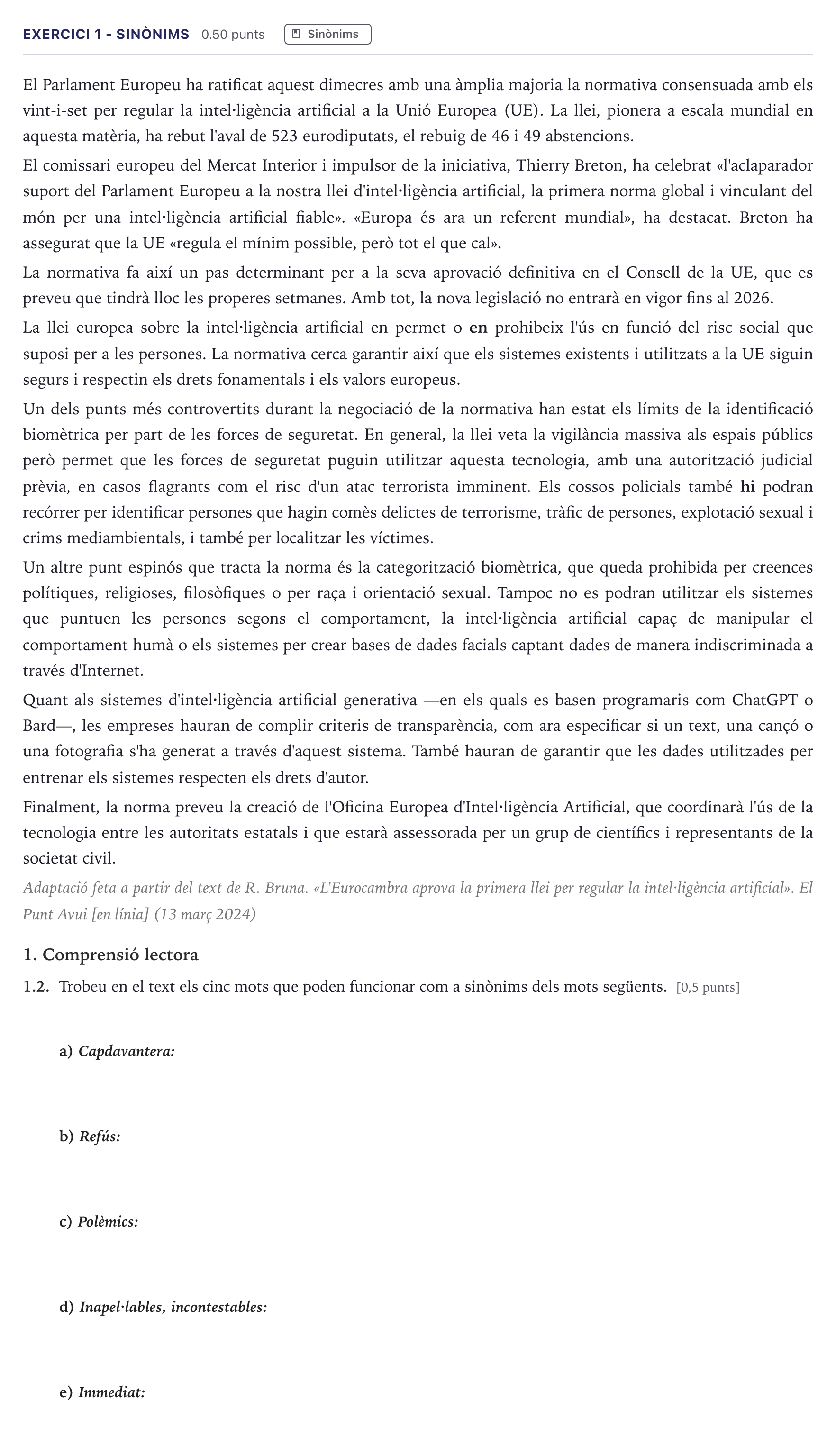 Enunciado: Ejercicio 1 - Sinònims · Lengua Catalana y Literatura II Selectividad Cataluña Serie 5 2026