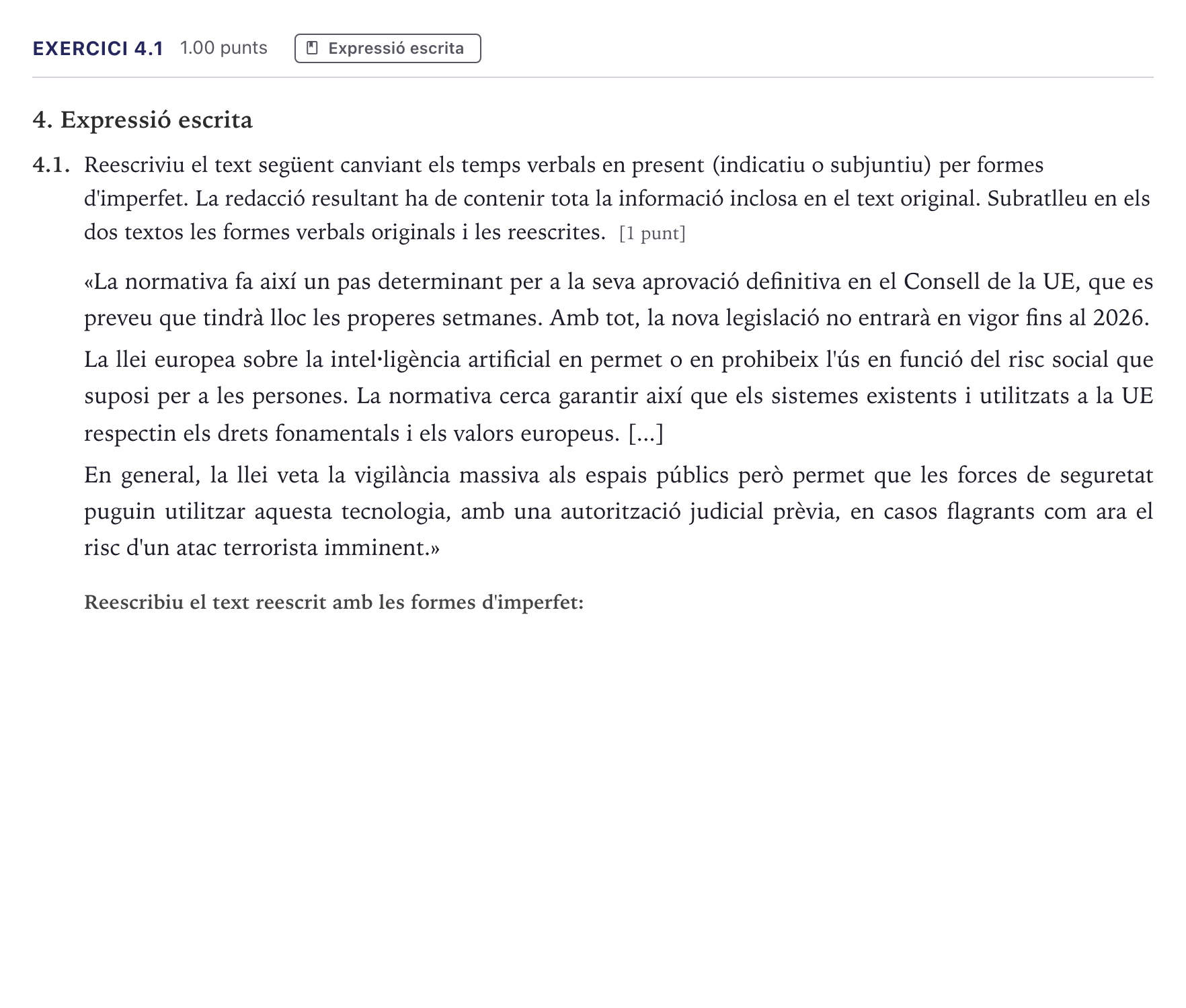 Enunciado: Ejercicio 4.1 · Lengua Catalana y Literatura II Selectividad Cataluña Serie 5 2026