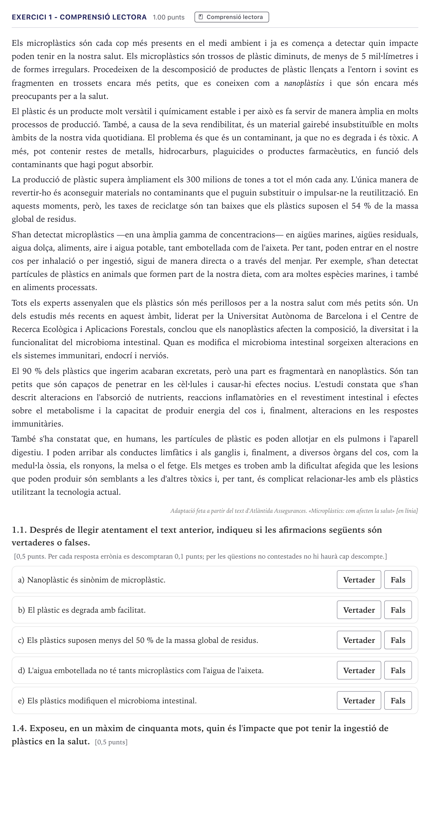 Enunciado: Ejercicio 1 - Comprensió lectora · Lengua Catalana y Literatura II Selectividad Cataluña Serie 1 2026