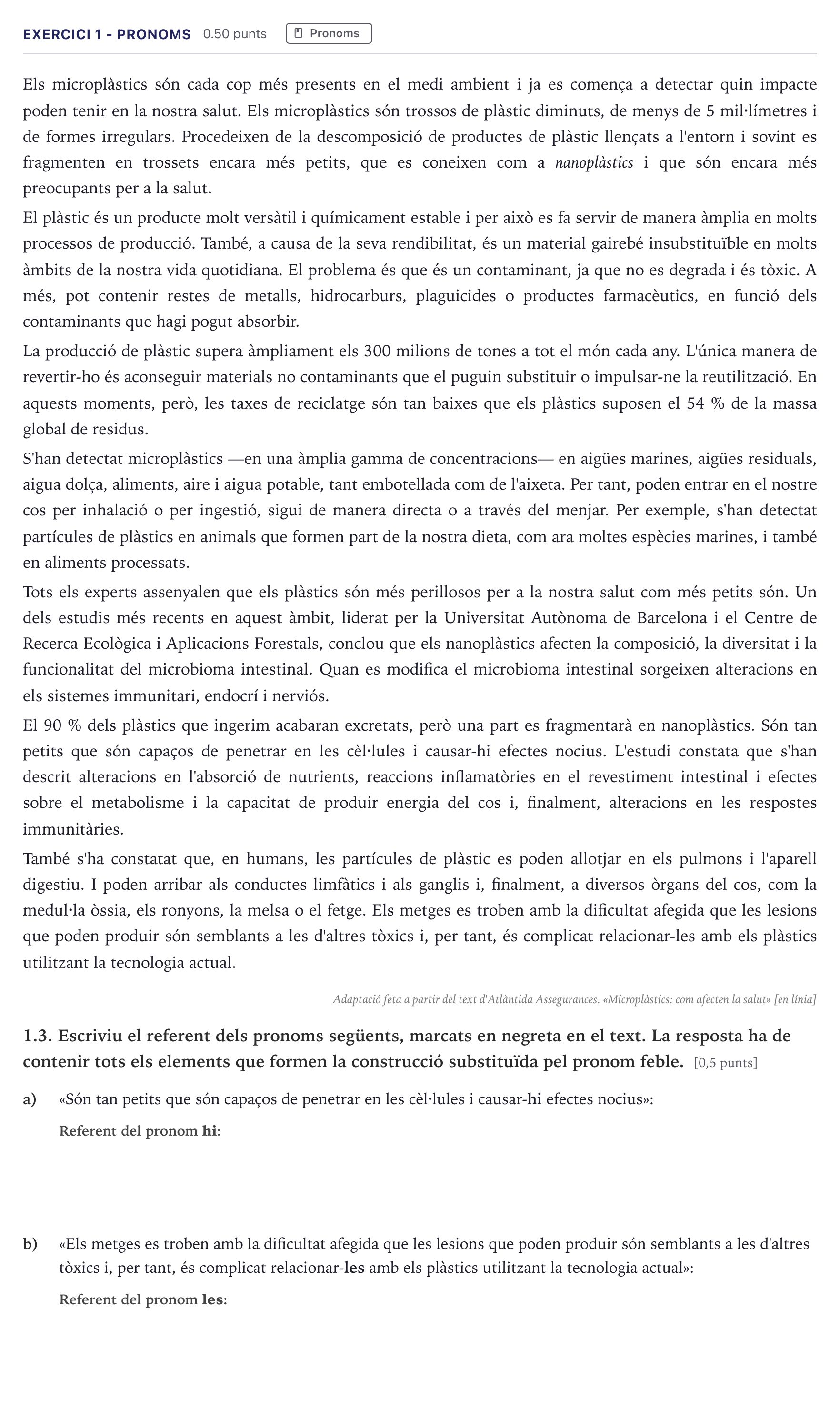Enunciado: Ejercicio 1 - Pronoms · Lengua Catalana y Literatura II Selectividad Cataluña Serie 1 2026