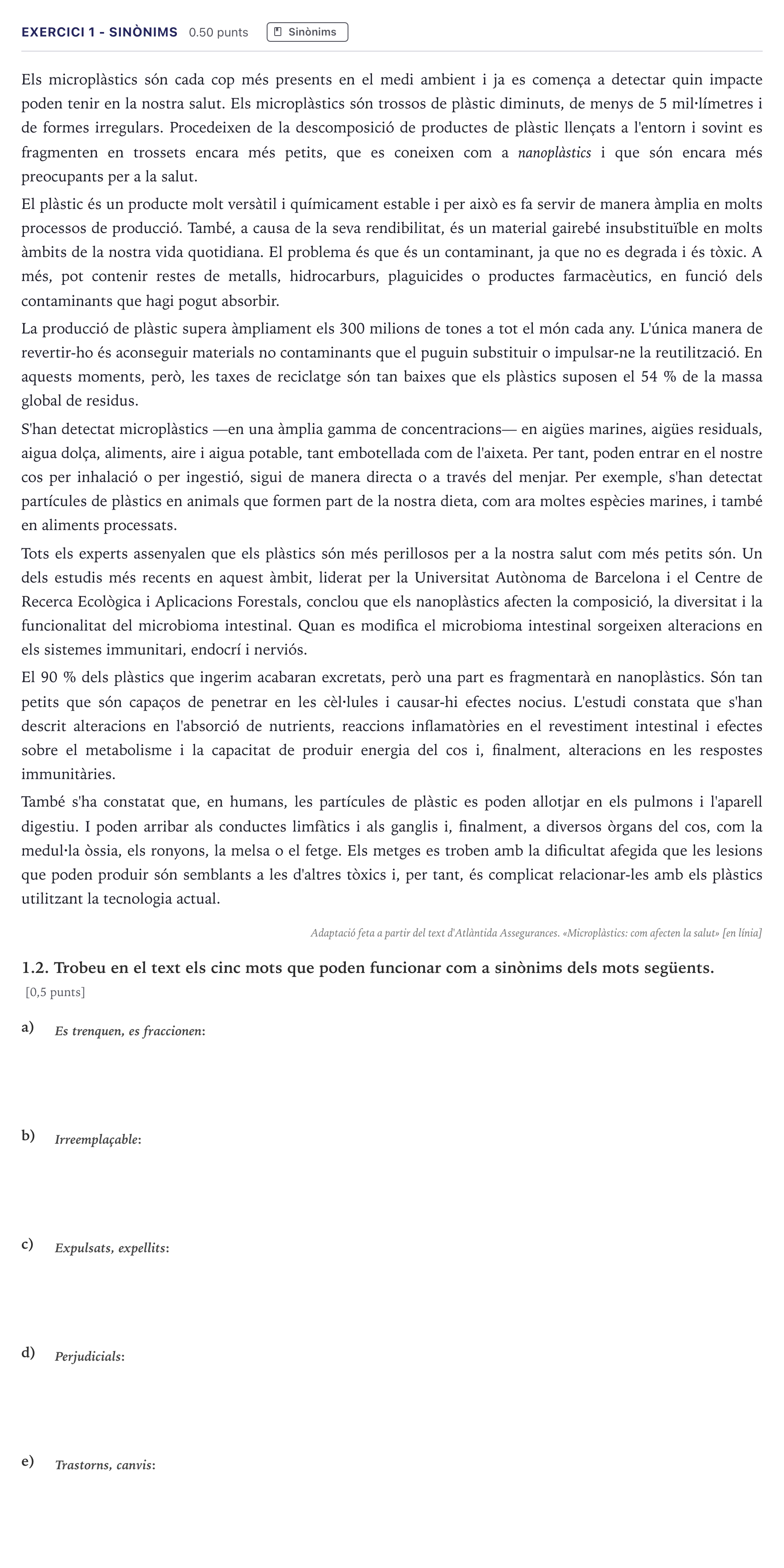 Enunciado: Ejercicio 1 - Sinònims · Lengua Catalana y Literatura II Selectividad Cataluña Serie 1 2026