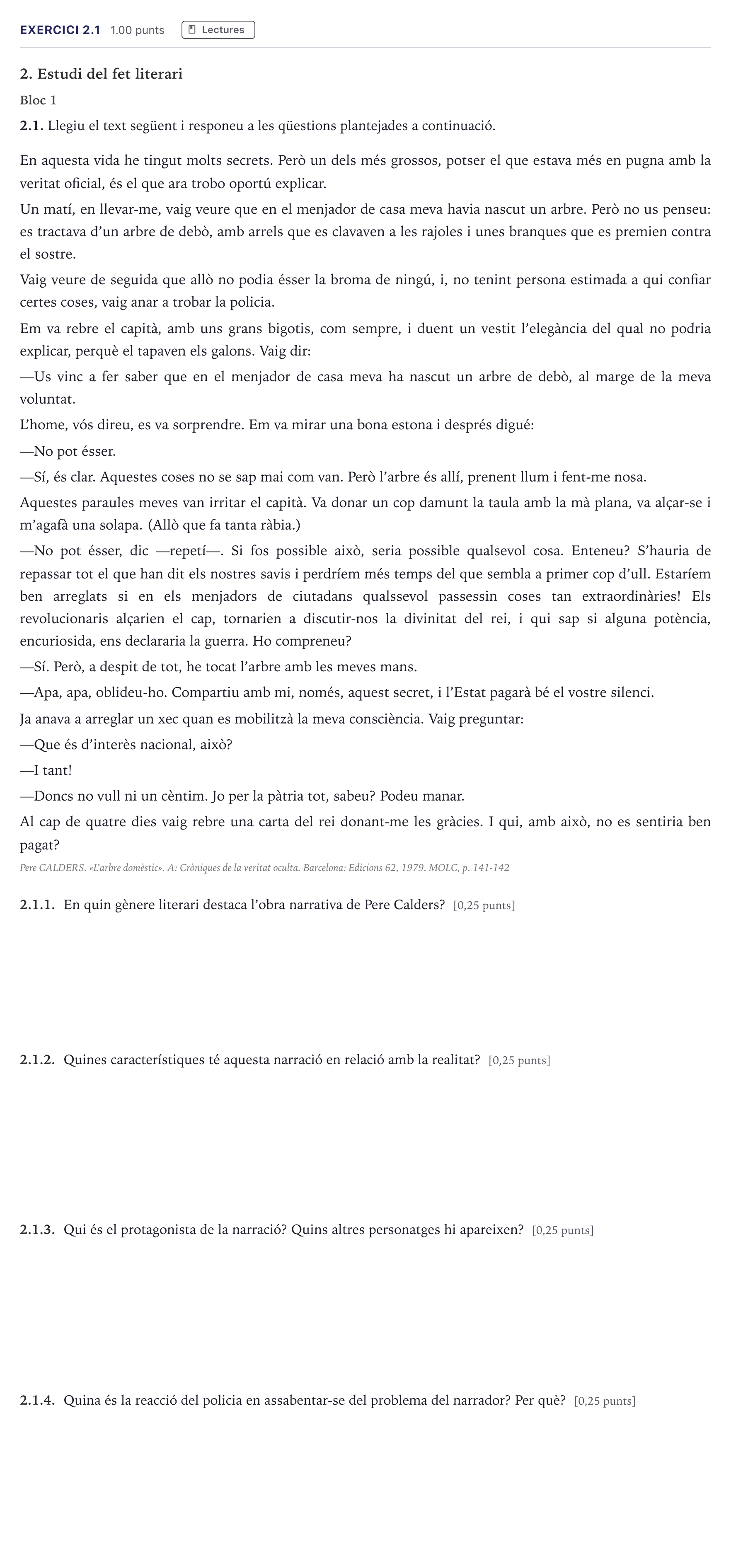Enunciado: Ejercicio 2.1 · Lengua Catalana y Literatura II Selectividad Cataluña Serie 1 2026