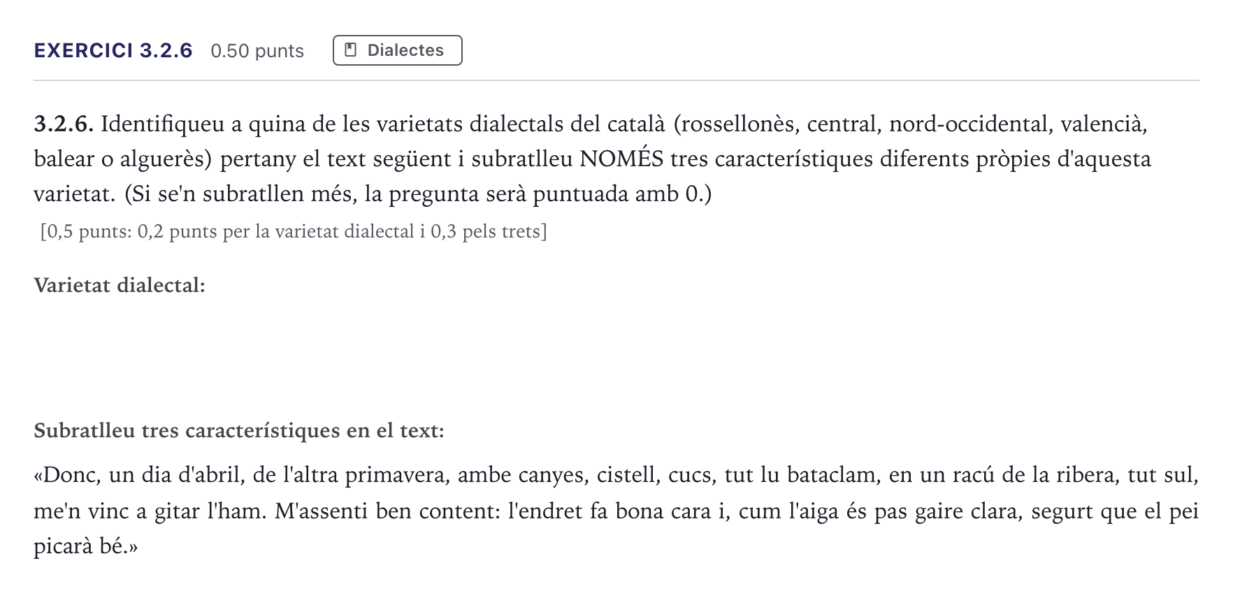 Enunciado: Ejercicio 3.2.6 · Lengua Catalana y Literatura II Selectividad Cataluña Serie 1 2026