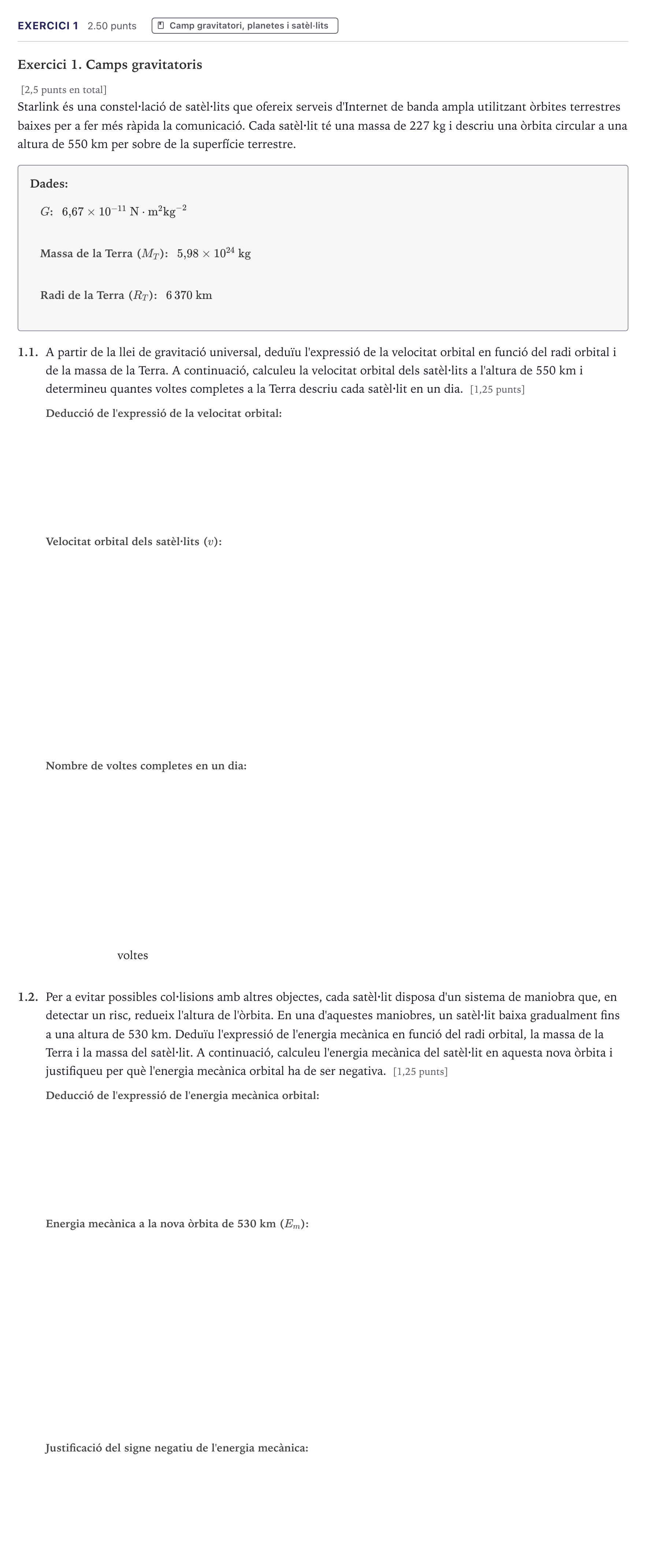 Enunciado: Exercici 1 · Física Selectividad Cataluña Setembre Serie 2 2026