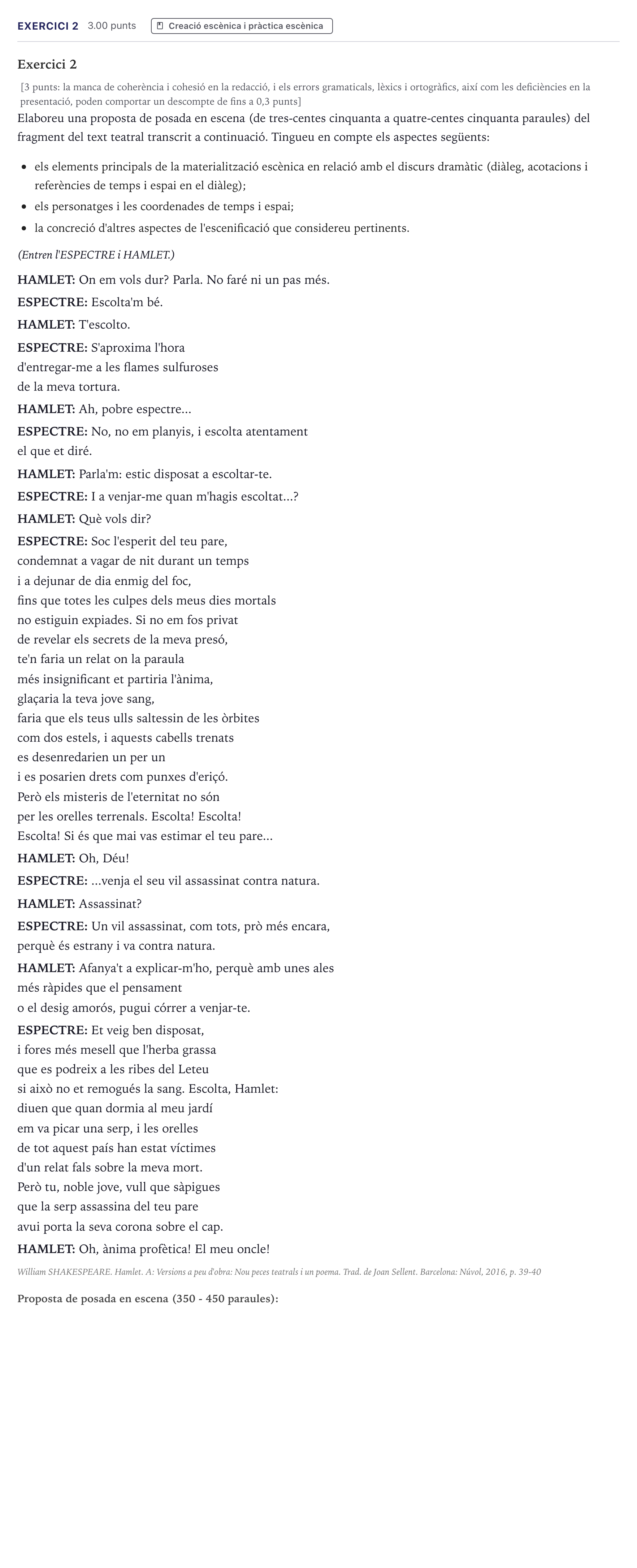 Enunciado: Exercici 2 · Artes Escénicas Selectividad Cataluña Juny Serie 1 2026