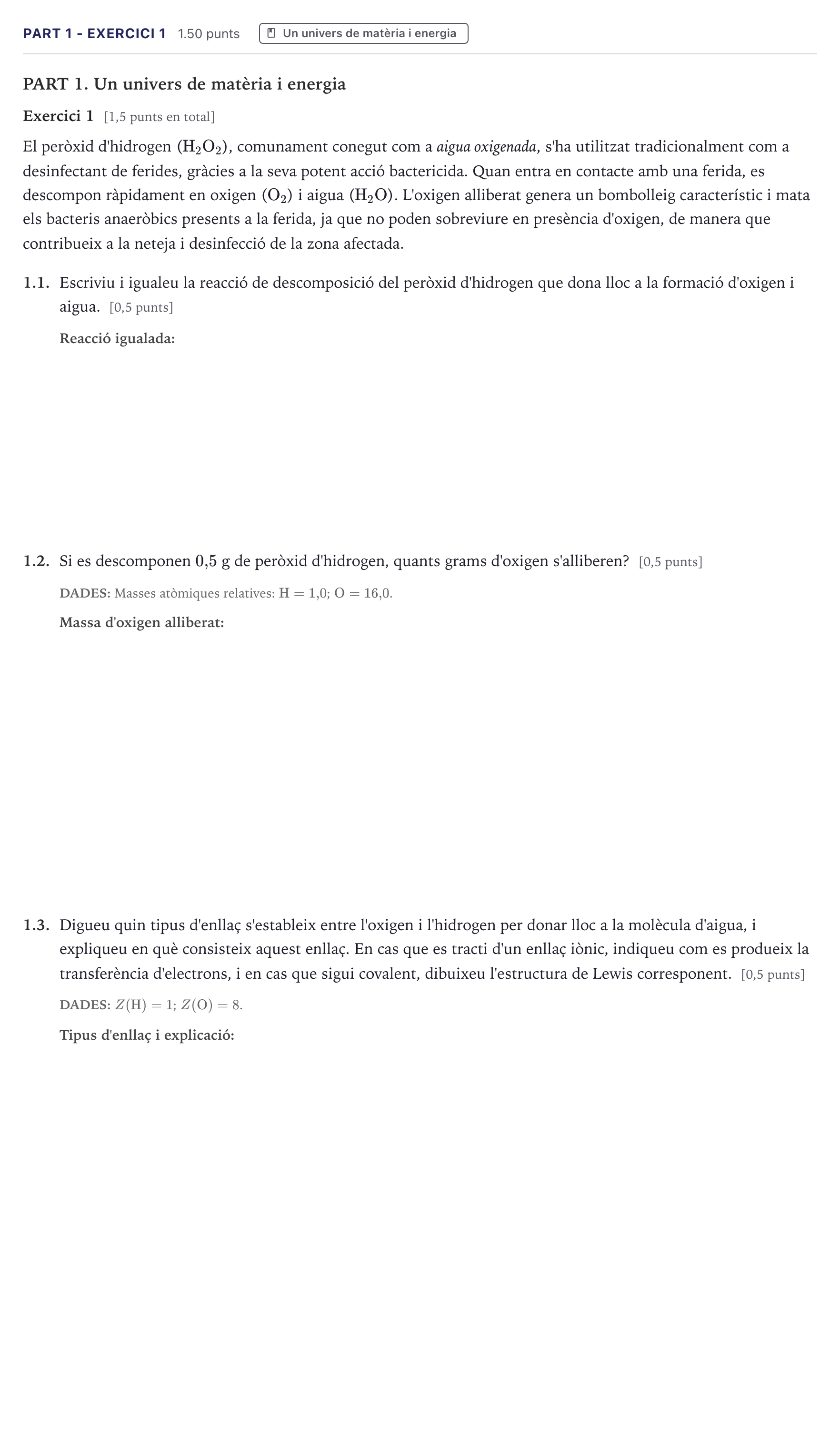 Enunciado: Part 1 - Exercici 1 · Ciencias Generales Selectividad Cataluña Juny Serie 1 2026