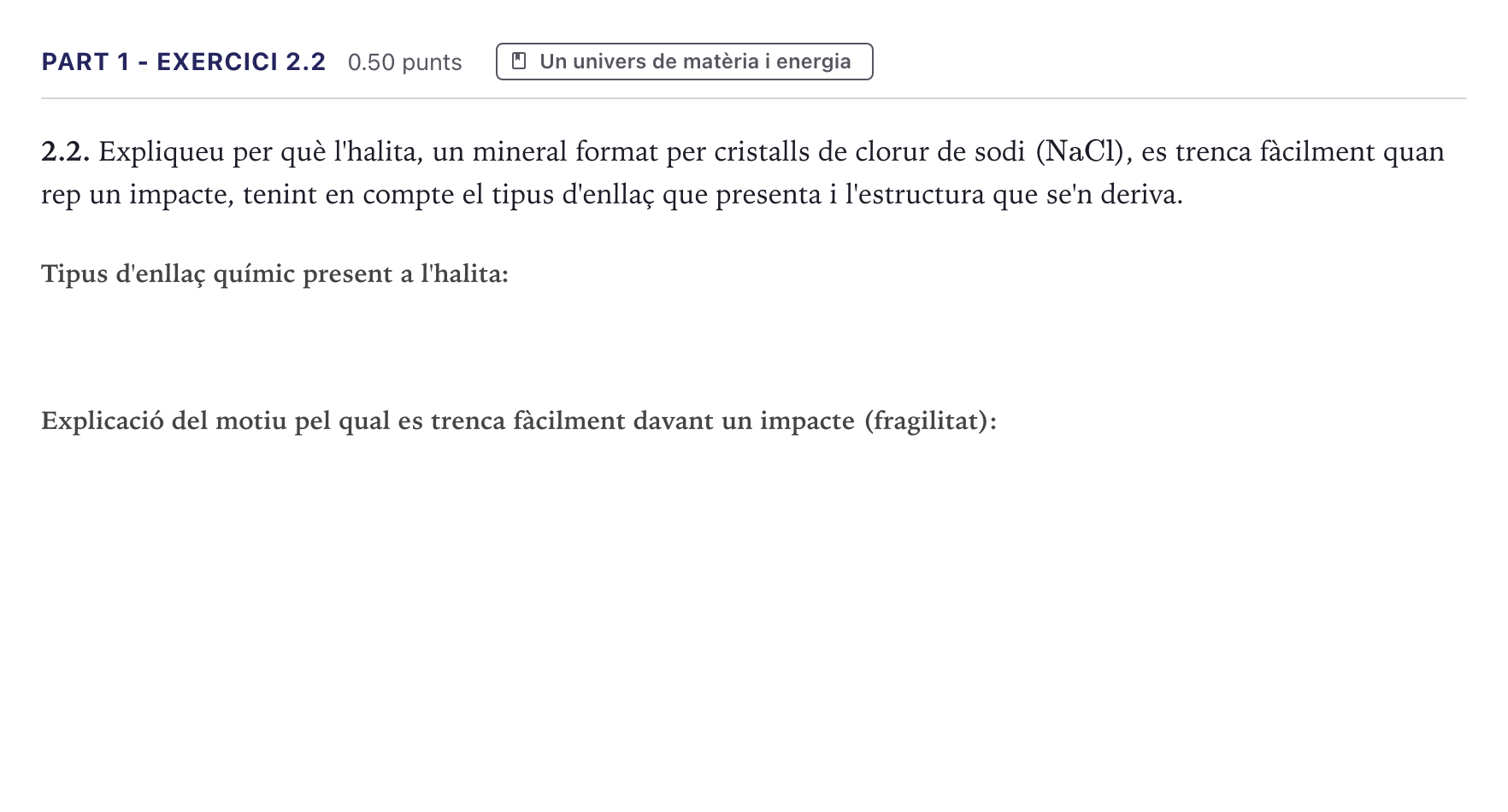 Enunciado: Part 1 - Exercici 2.2 · Ciencias Generales Selectividad Cataluña Juny Serie 1 2026