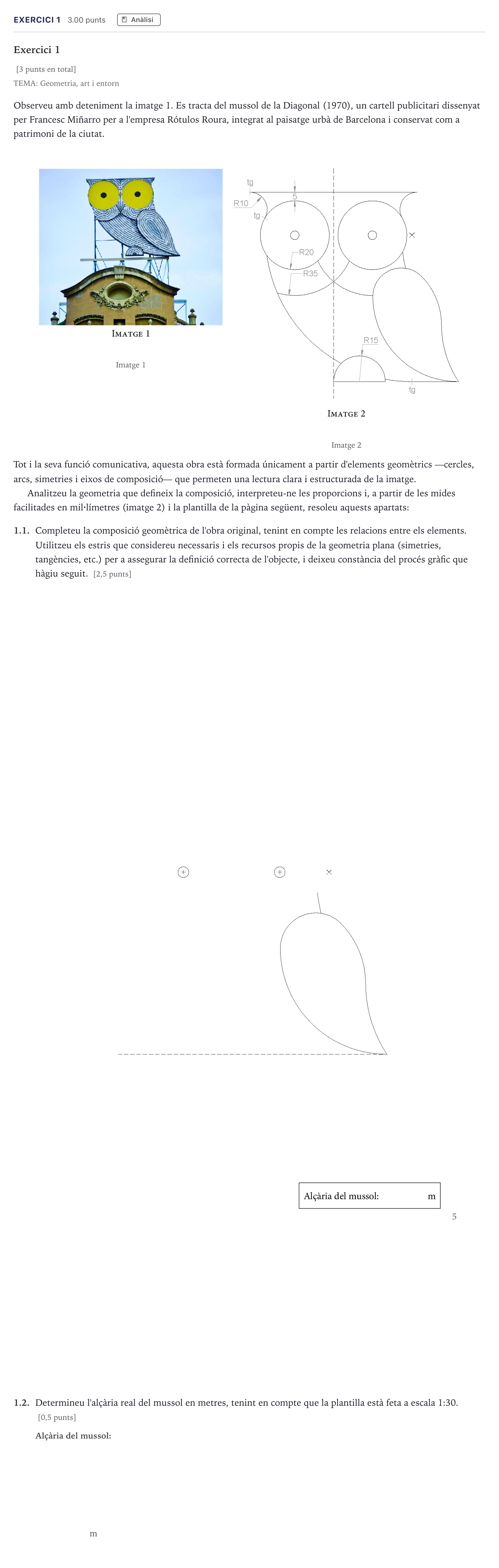 Enunciado: Exercici 1 · Dibujo Técnico Aplicado a las Artes Plásticas y al Diseño Selectividad Cataluña Juny Serie 1 2026