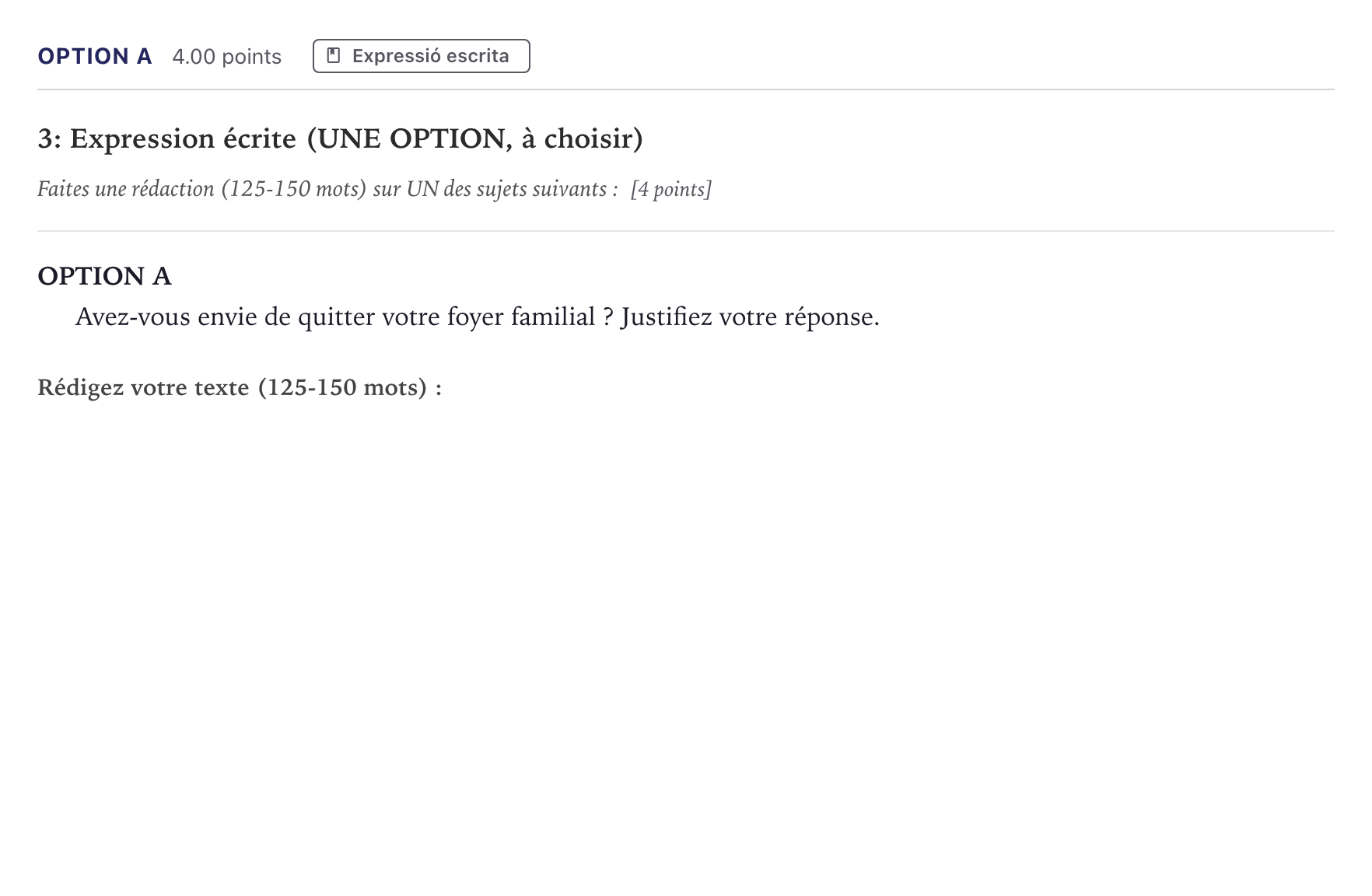 Enunciado: Ejercicio Option A · Francés Selectividad Cataluña Setembre Serie 2 2026