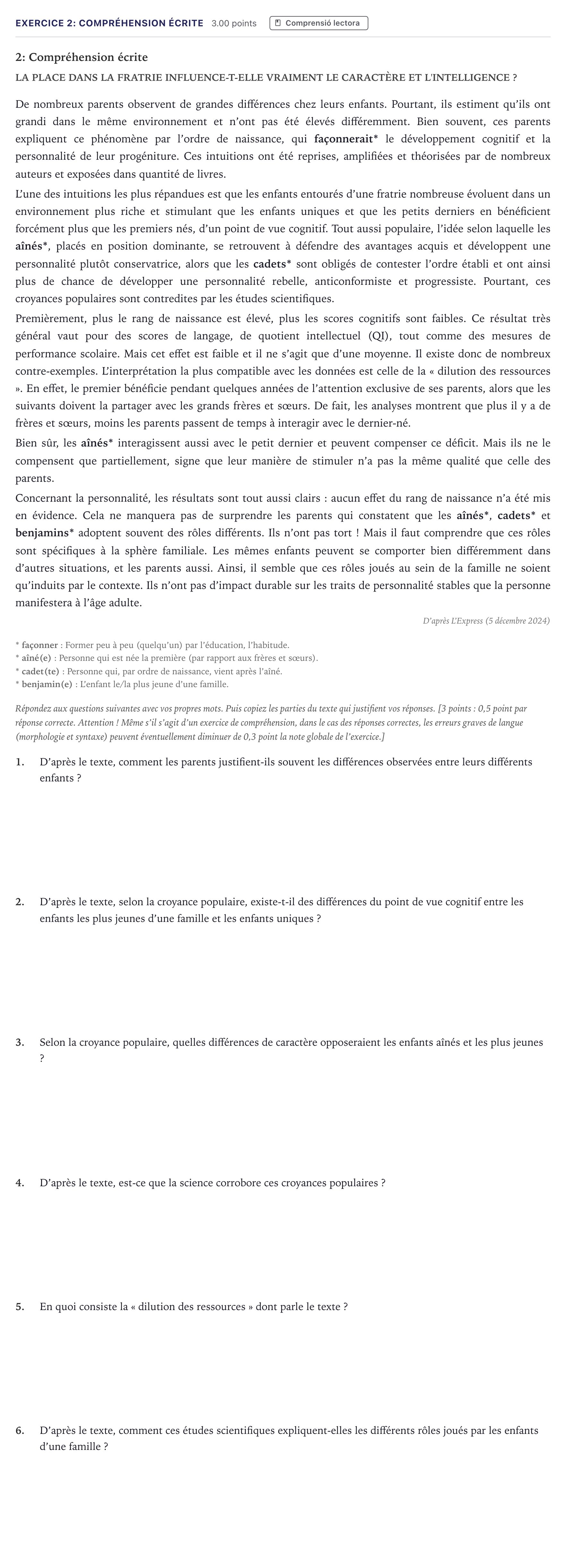 Enunciado: Ejercicio 2: Compréhension écrite · Francés Selectividad Cataluña Juny Serie 5 2026