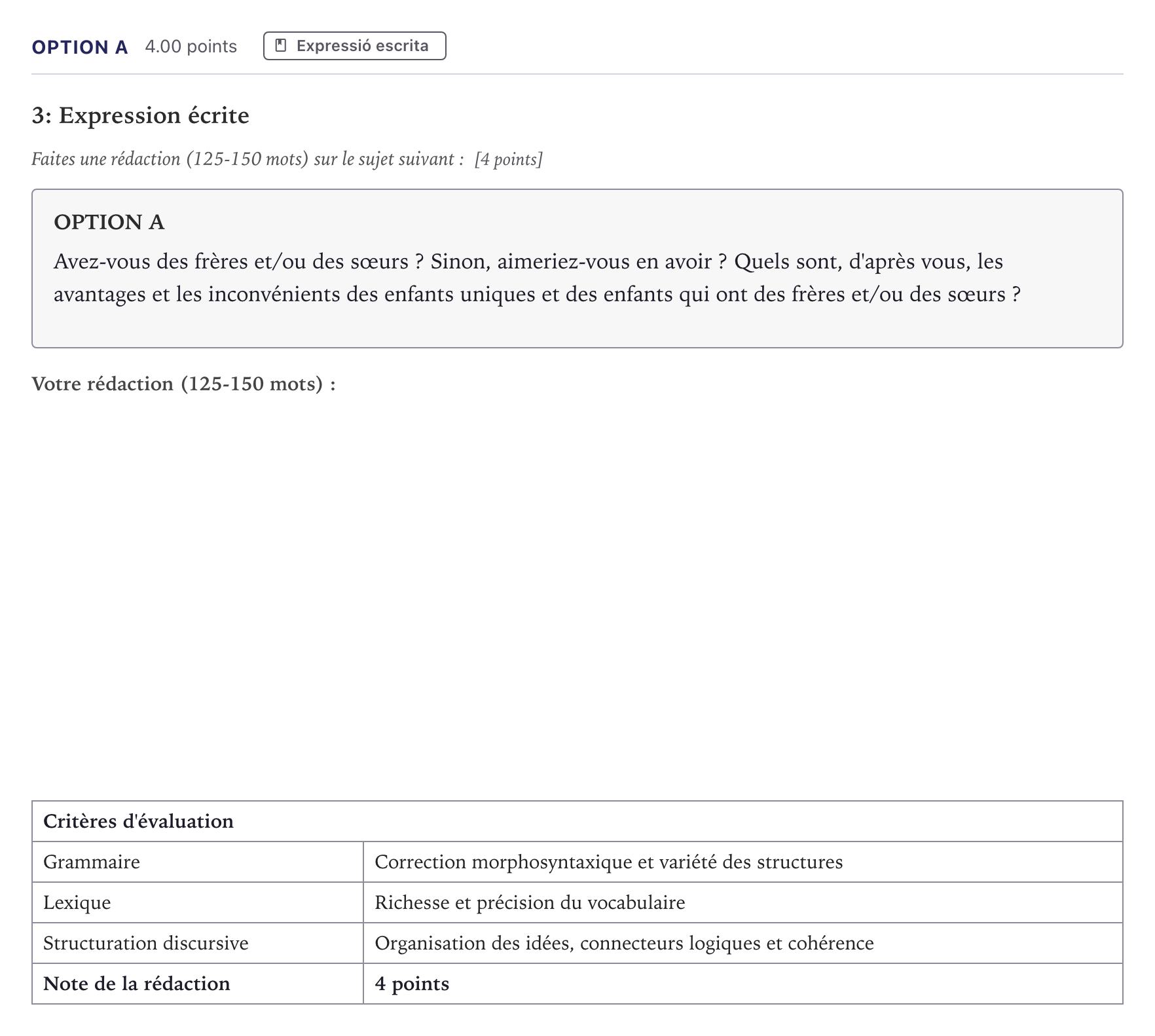 Enunciado: Ejercicio Option A · Francés Selectividad Cataluña Juny Serie 5 2026
