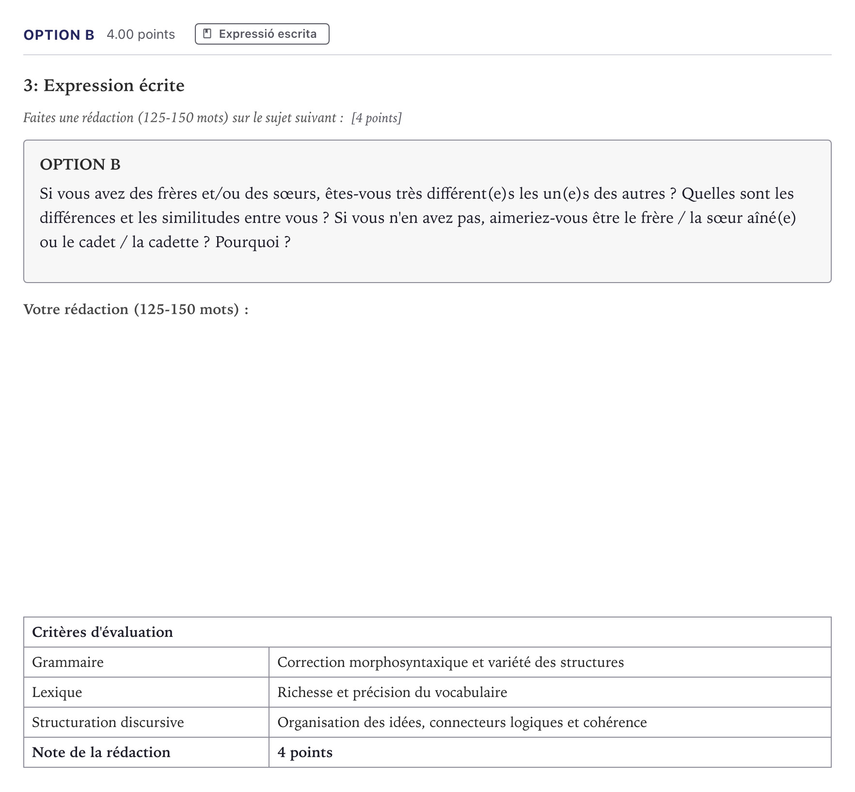 Enunciado: Ejercicio Option B · Francés Selectividad Cataluña Juny Serie 5 2026