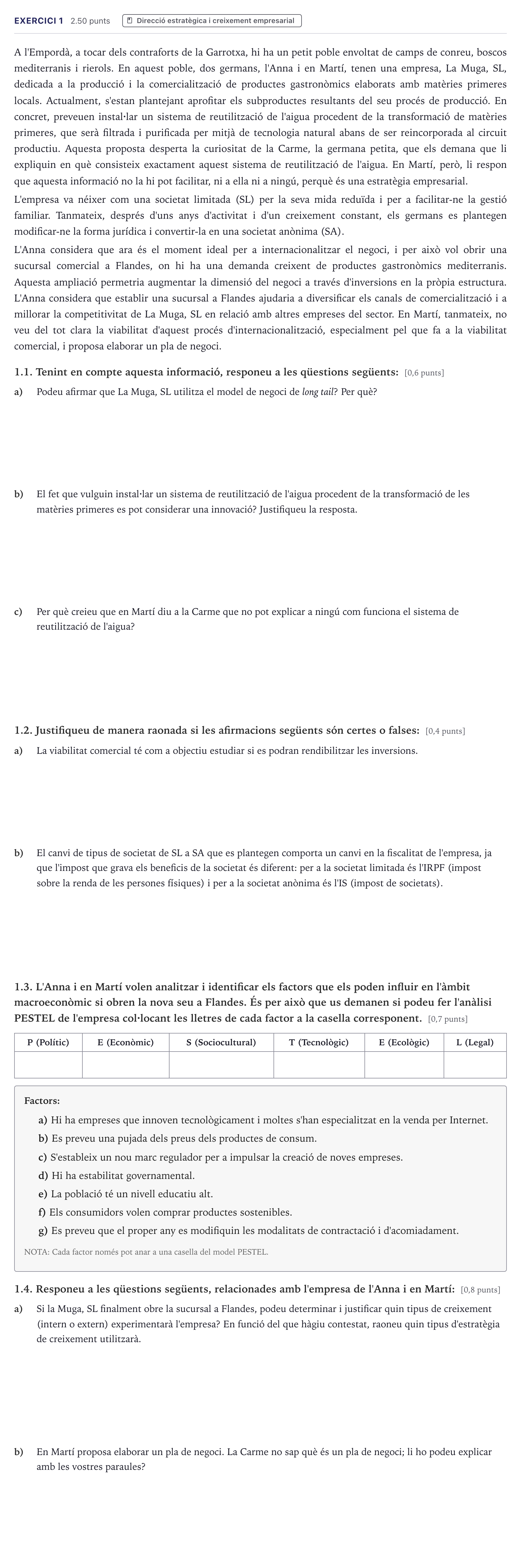 Enunciado: Exercici 1 · Economía de la Empresa Selectividad Cataluña Setembre Serie 2 2026