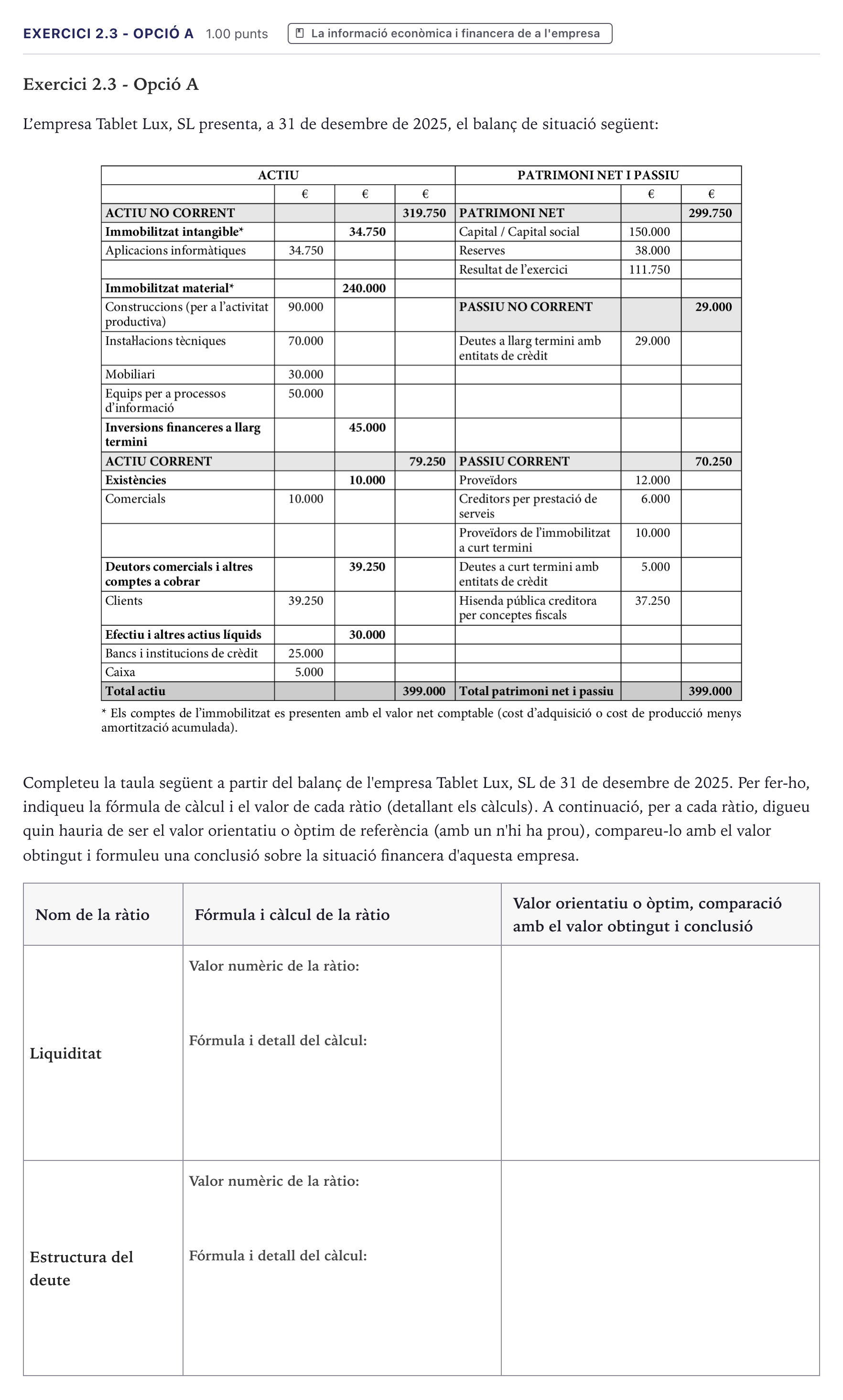 Enunciado: Exercici 2.3 - Opció A · Economía de la Empresa Selectividad Cataluña Setembre Serie 2 2026