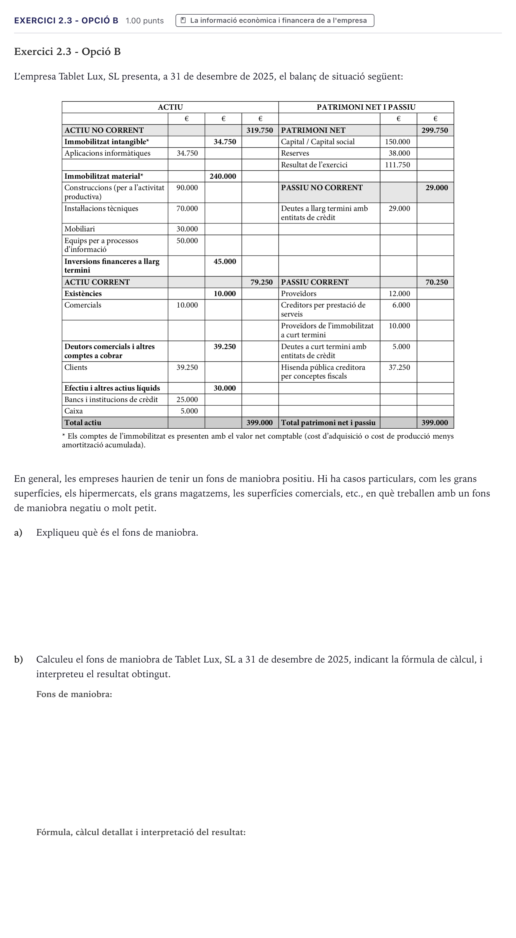 Enunciado: Exercici 2.3 - Opció B · Economía de la Empresa Selectividad Cataluña Setembre Serie 2 2026