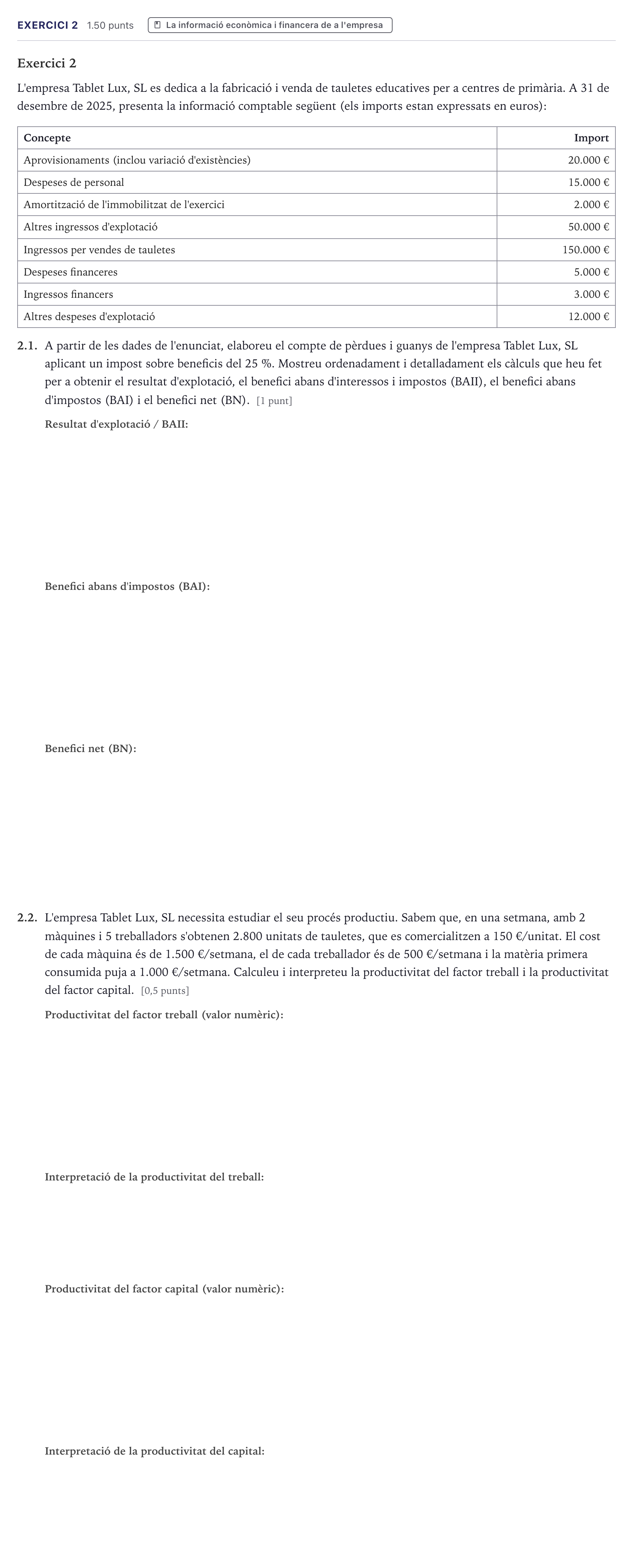 Enunciado: Exercici 2 · Economía de la Empresa Selectividad Cataluña Setembre Serie 2 2026