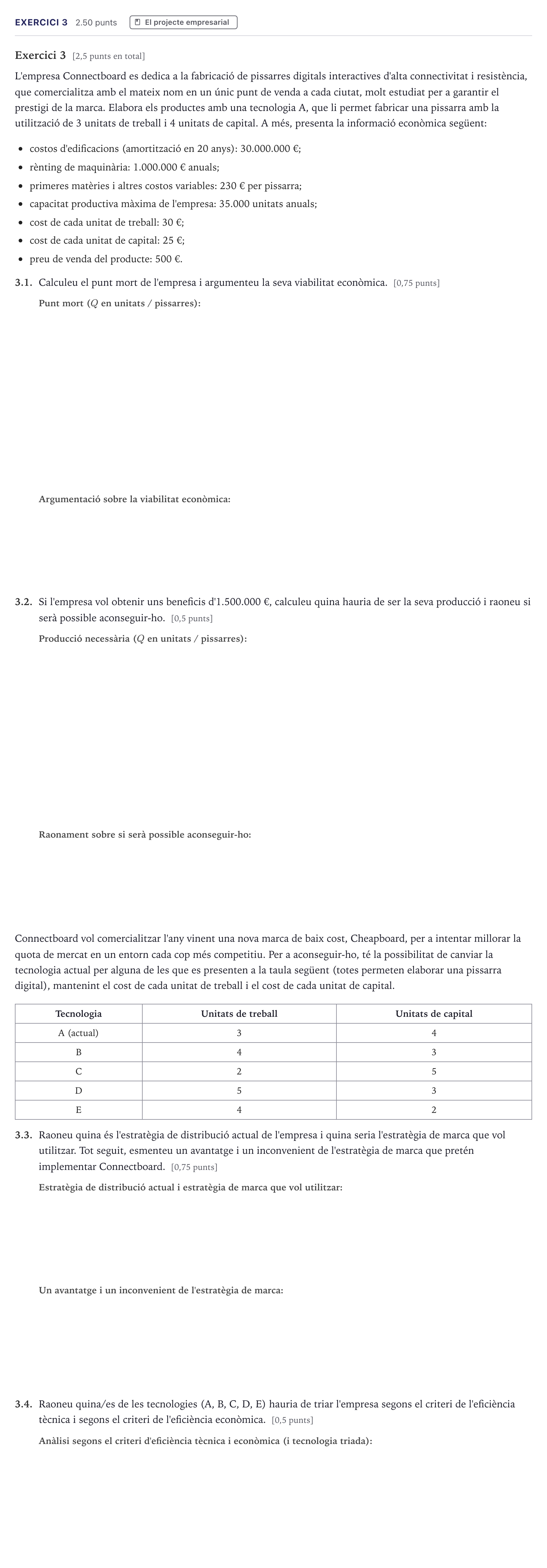 Enunciado: Exercici 3 · Economía de la Empresa Selectividad Cataluña Setembre Serie 2 2026