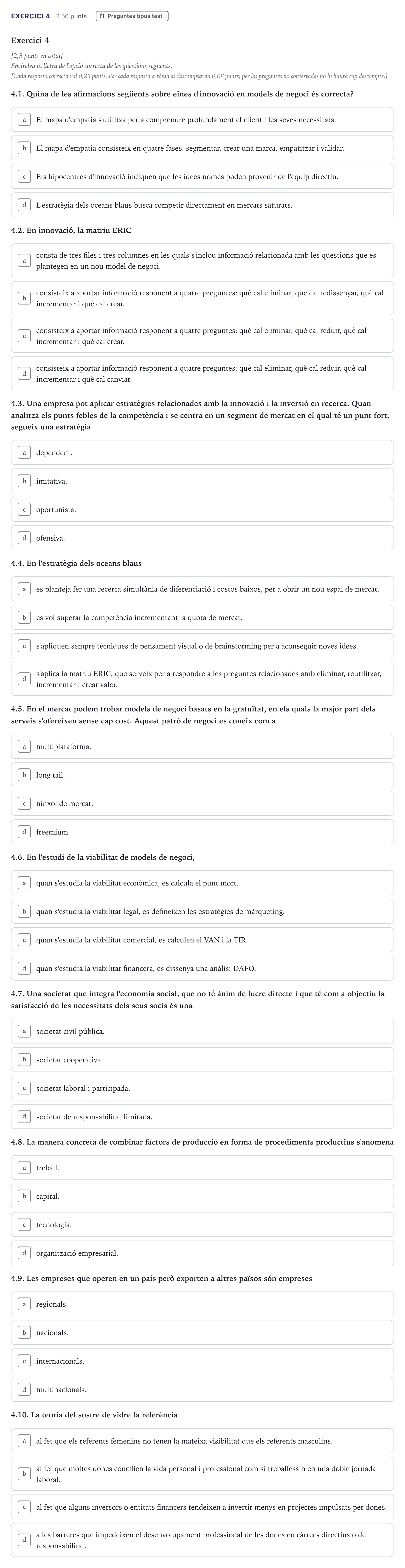 Enunciado: Exercici 4 · Economía de la Empresa Selectividad Cataluña Setembre Serie 2 2026