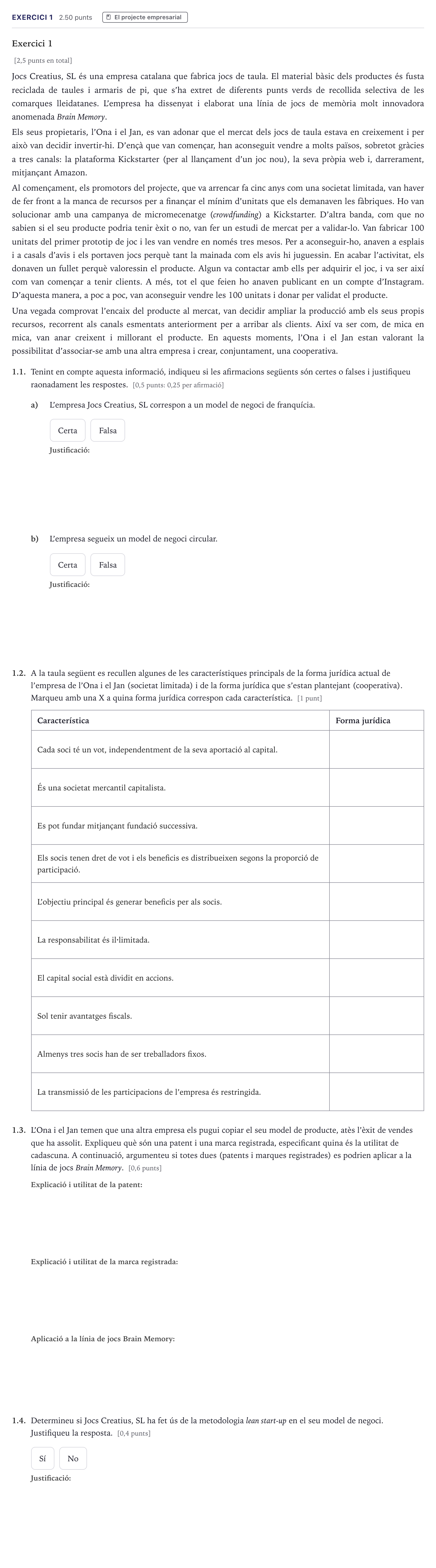 Enunciado: Exercici 1 · Economía de la Empresa Selectividad Cataluña Juny Serie 5 2026