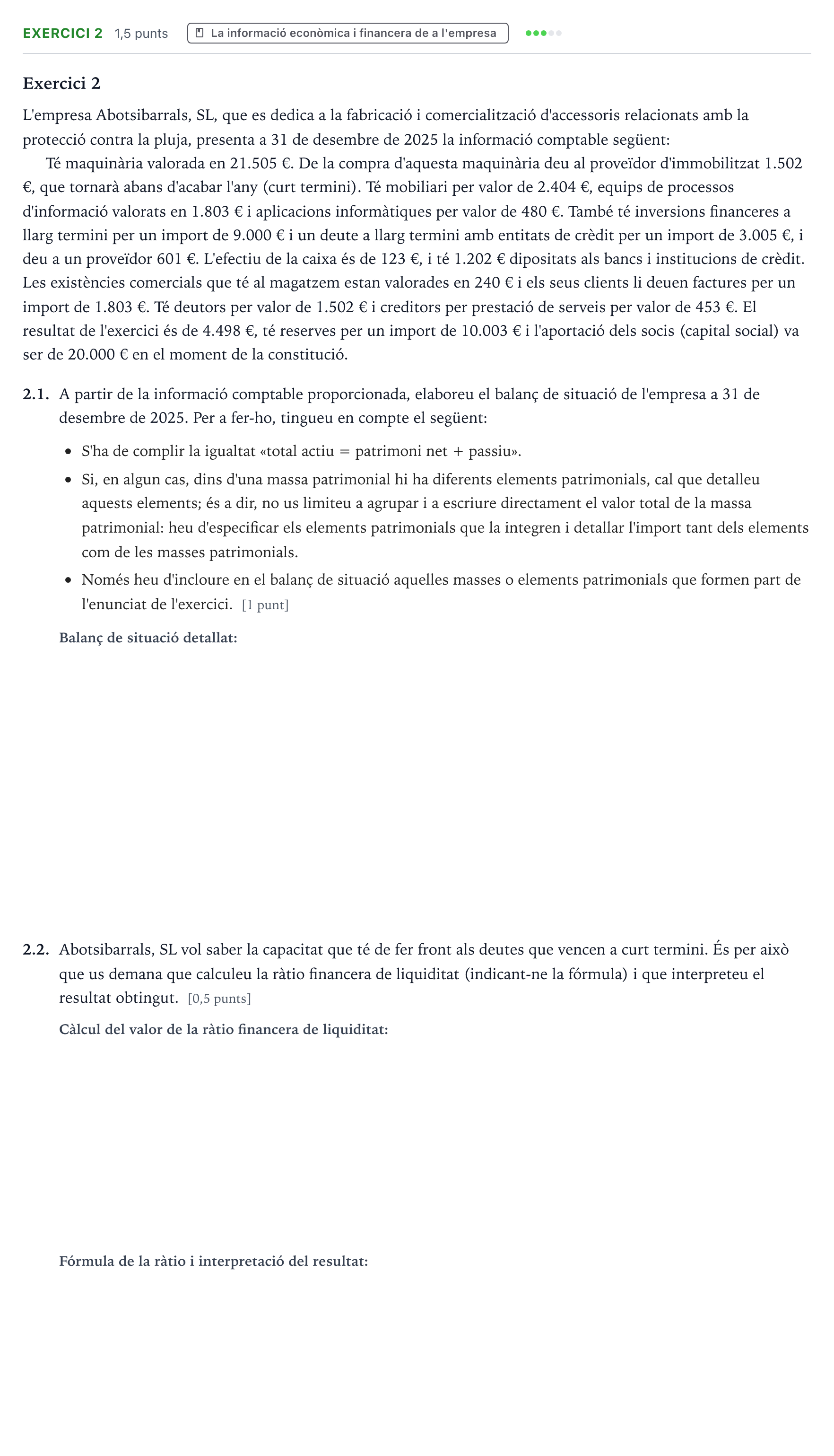 Enunciado: Exercici 2 · Economía de la Empresa Selectividad Cataluña Juny Serie 5 2026