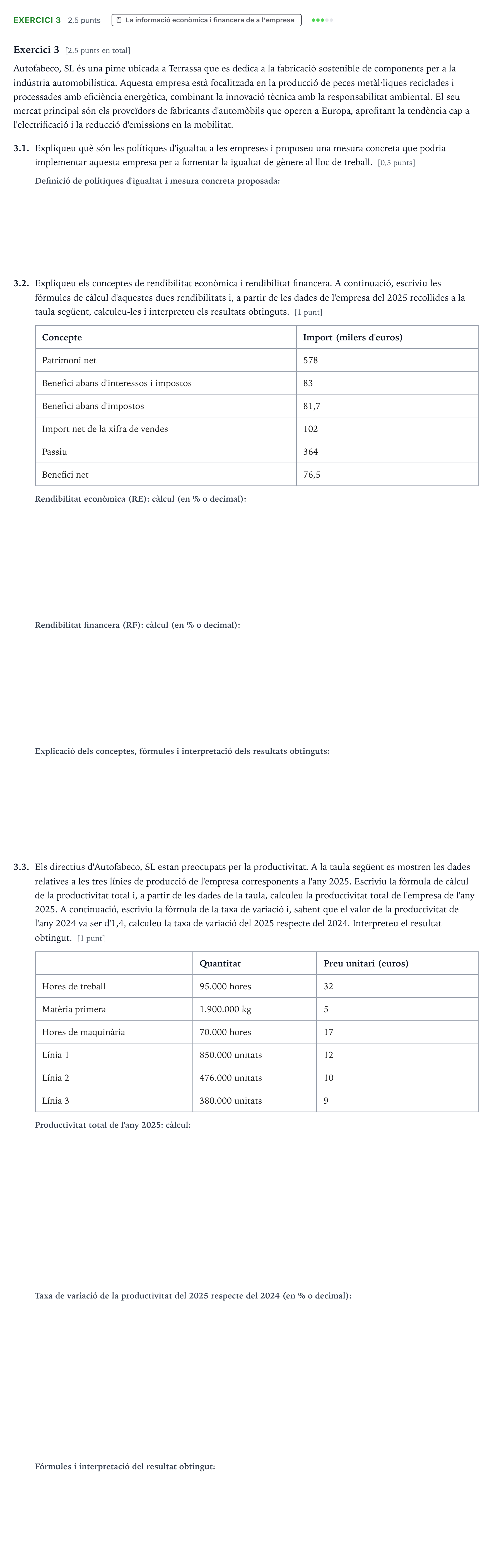 Enunciado: Exercici 3 · Economía de la Empresa Selectividad Cataluña Juny Serie 5 2026