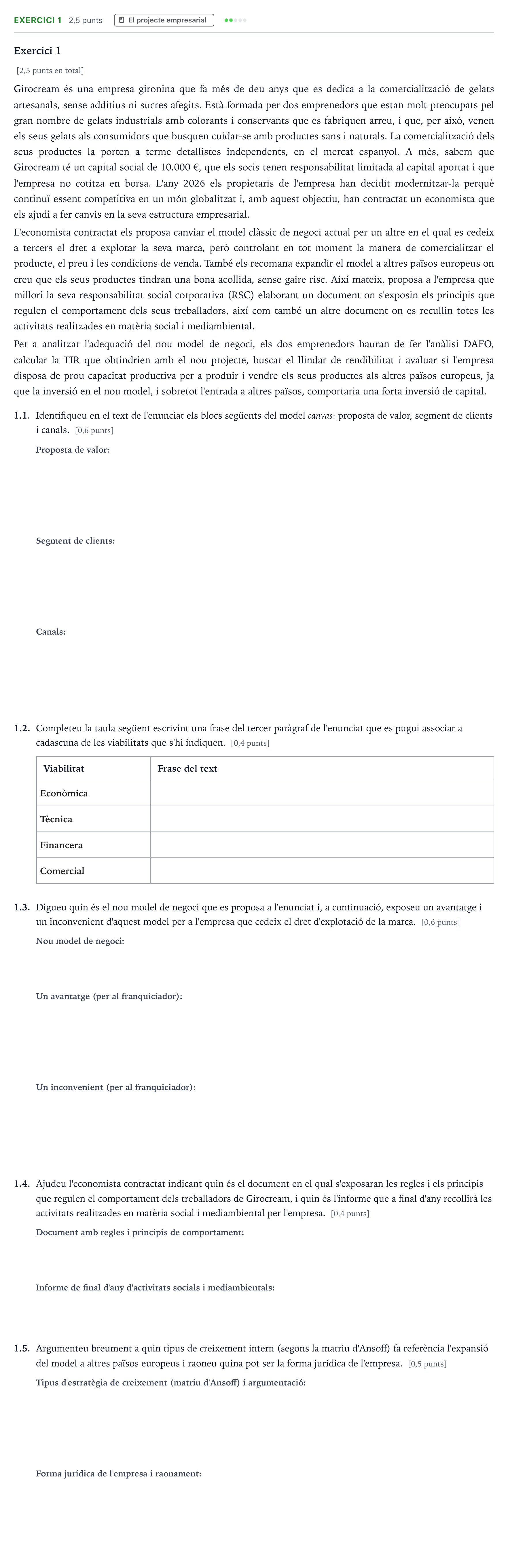 Enunciado: Exercici 1 · Economía de la Empresa Selectividad Cataluña Juny Serie 1 2026