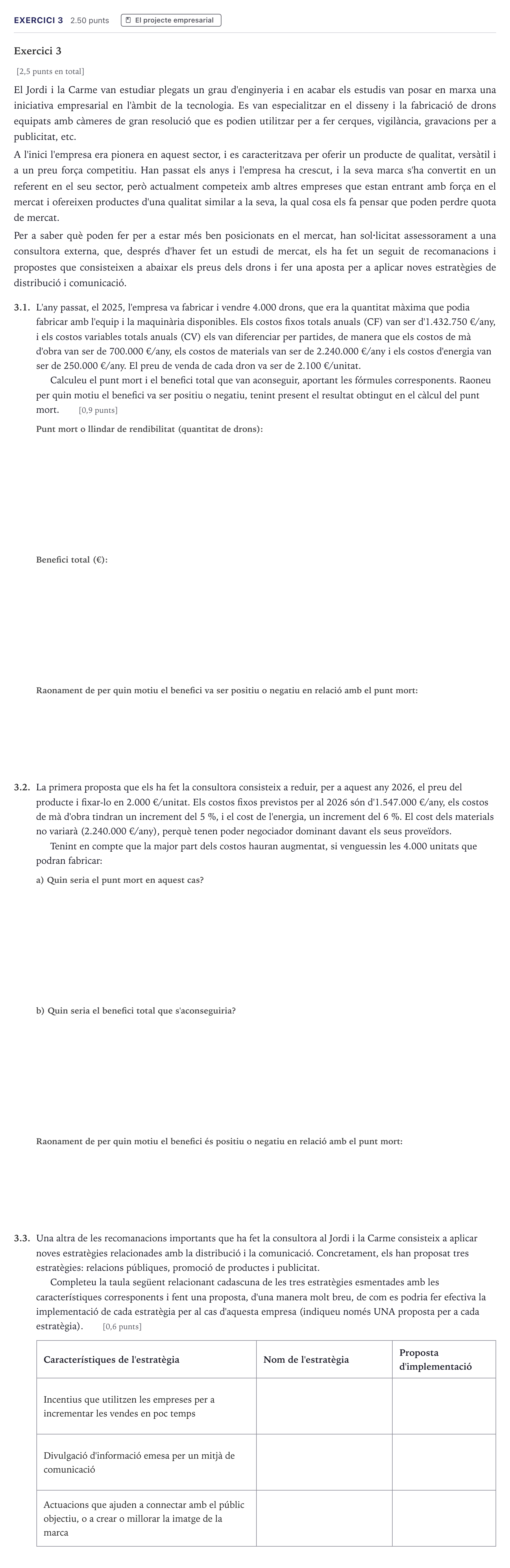 Enunciado: Exercici 3 · Economía de la Empresa Selectividad Cataluña Juny Serie 1 2026