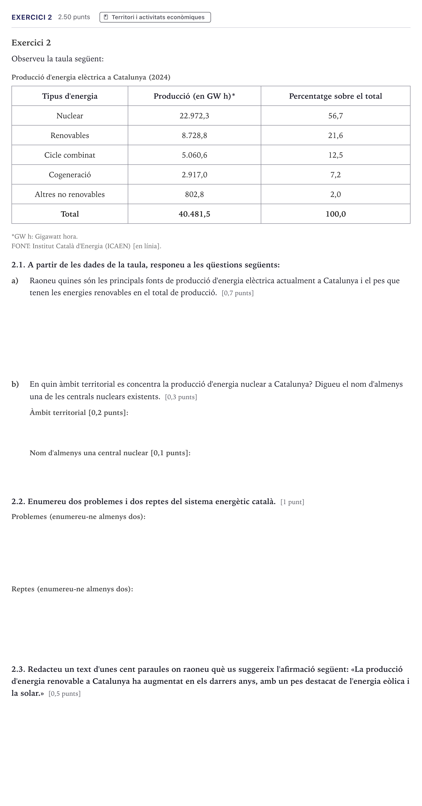 Enunciado: Exercici 2 · Geografía Selectividad Cataluña Juny Serie 5 2026