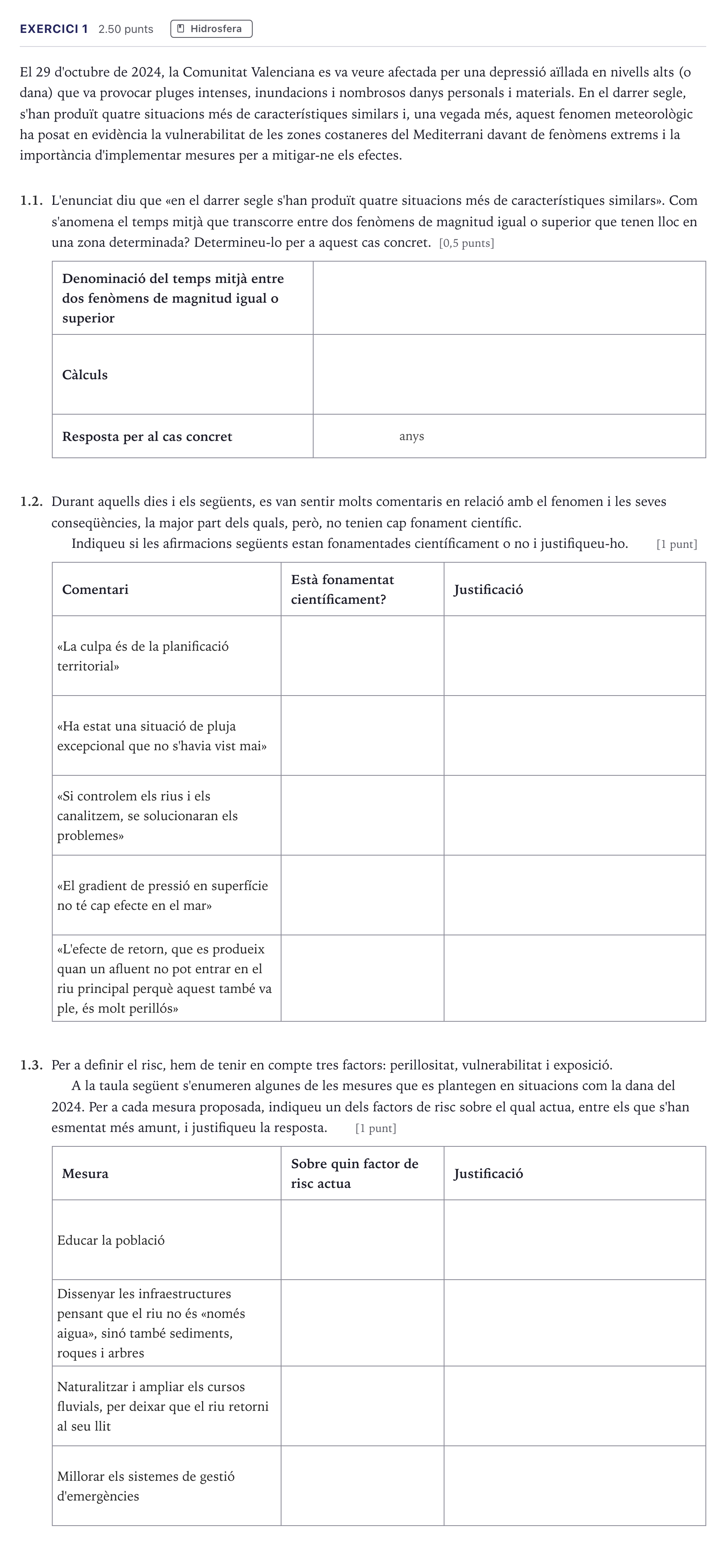 Enunciado: Exercici 1 · Ciencias de la Tierra y del Medio Ambiente Selectividad Cataluña Setembre Serie 2 2026