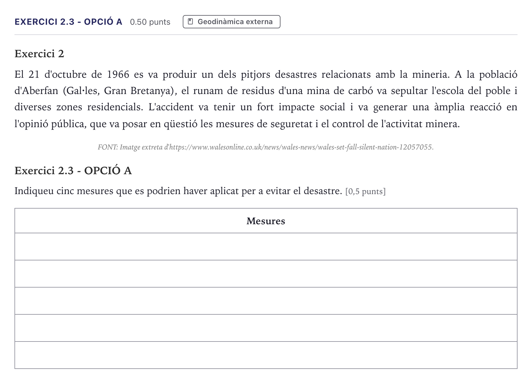 Enunciado: Exercici 2.3 - Opció A · Ciencias de la Tierra y del Medio Ambiente Selectividad Cataluña Setembre Serie 2 2026