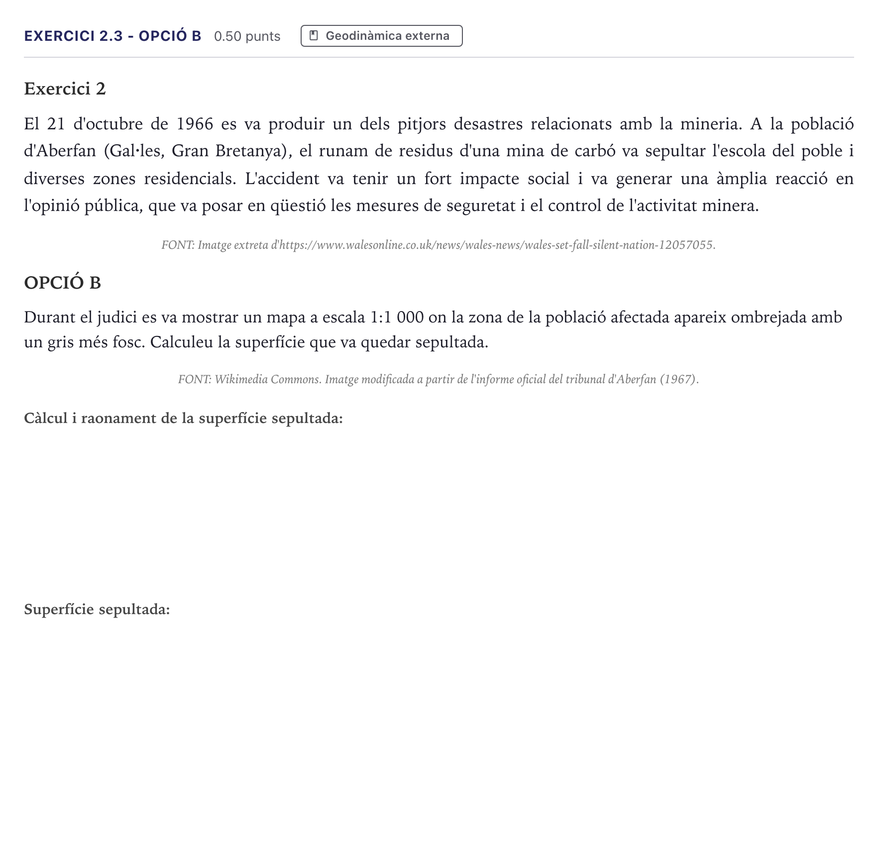 Enunciado: Exercici 2.3 - Opció B · Ciencias de la Tierra y del Medio Ambiente Selectividad Cataluña Setembre Serie 2 2026