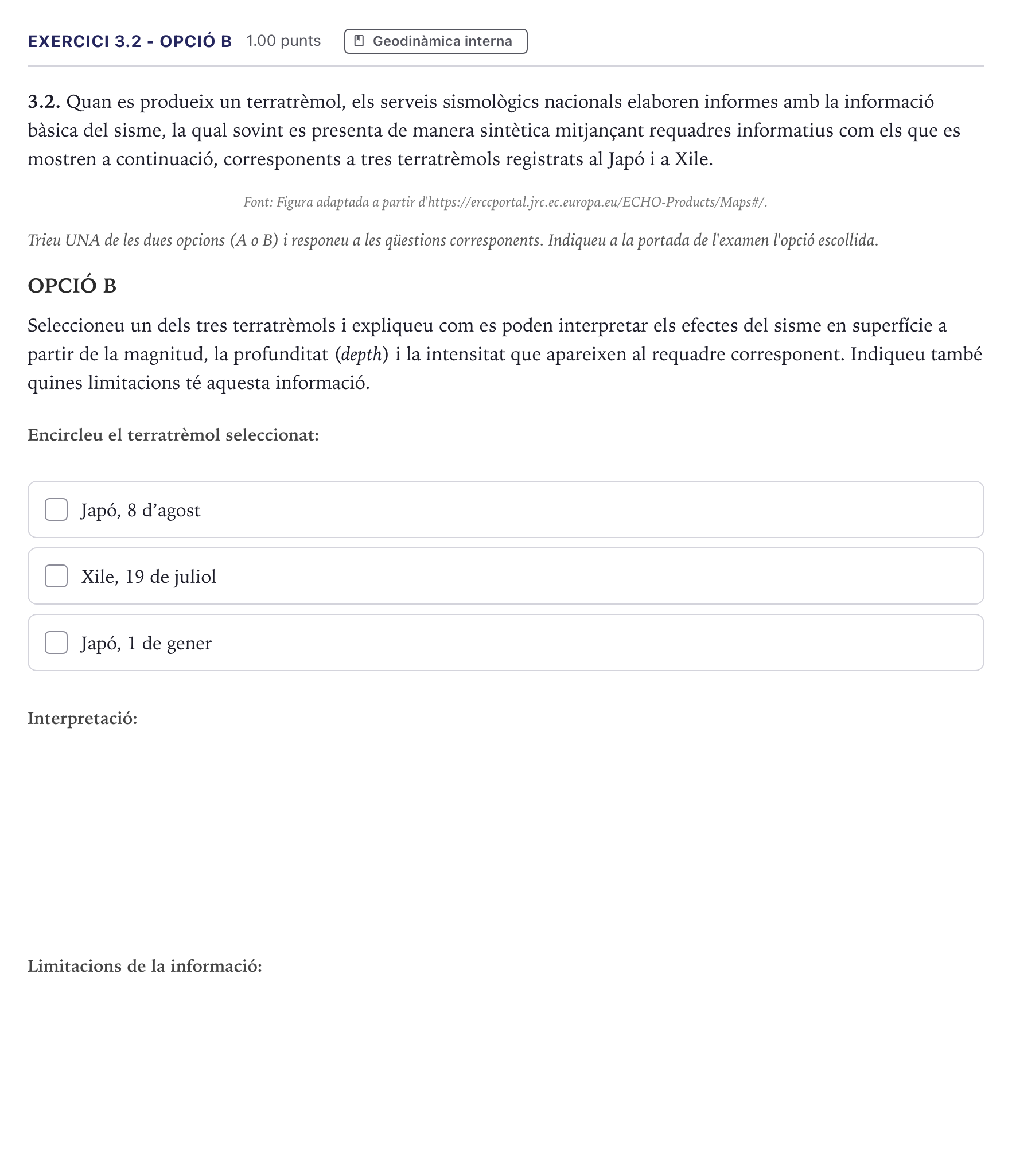 Enunciado: Exercici 3.2 - Opció B · Ciencias de la Tierra y del Medio Ambiente Selectividad Cataluña Setembre Serie 2 2026