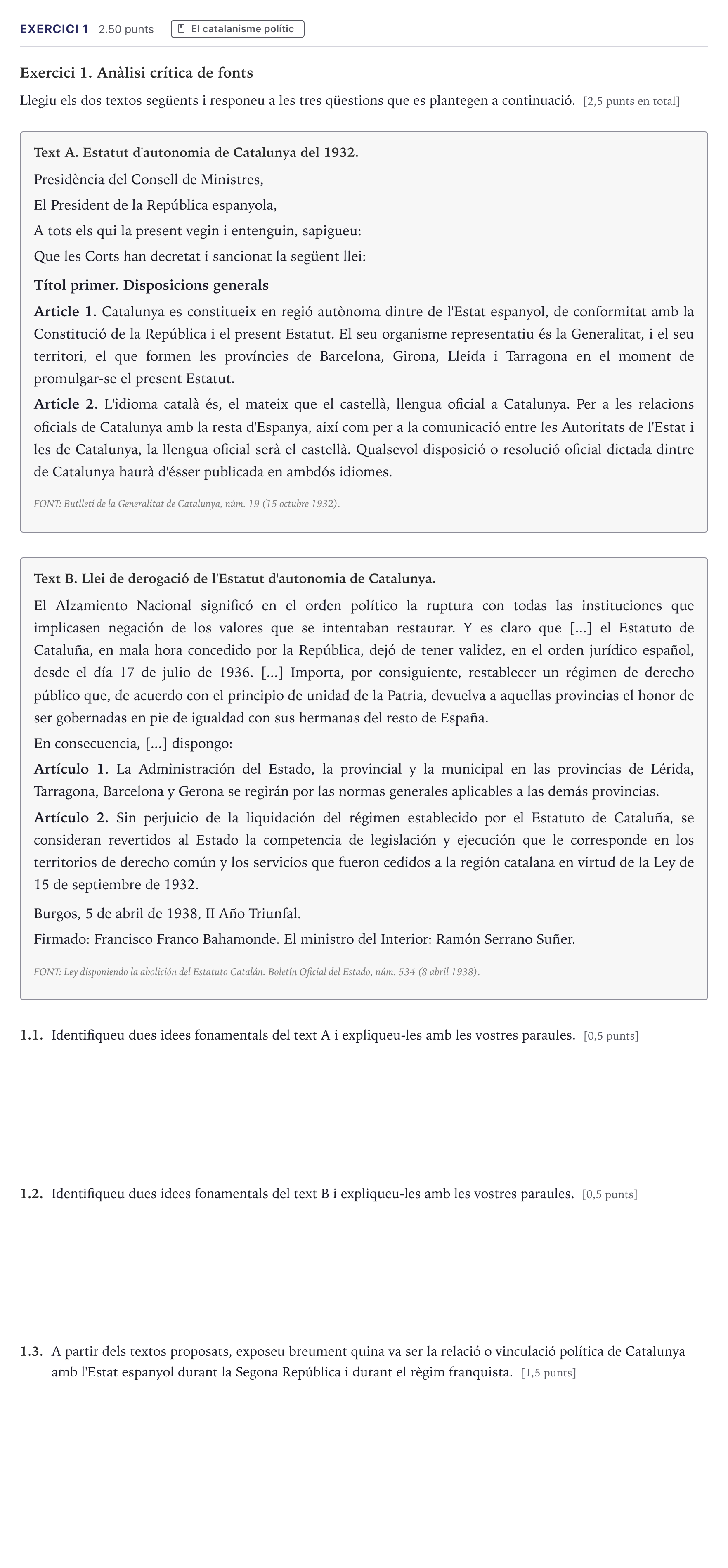 Enunciado: Exercici 1 · Historia de España Selectividad Cataluña Juny Serie 5 2026