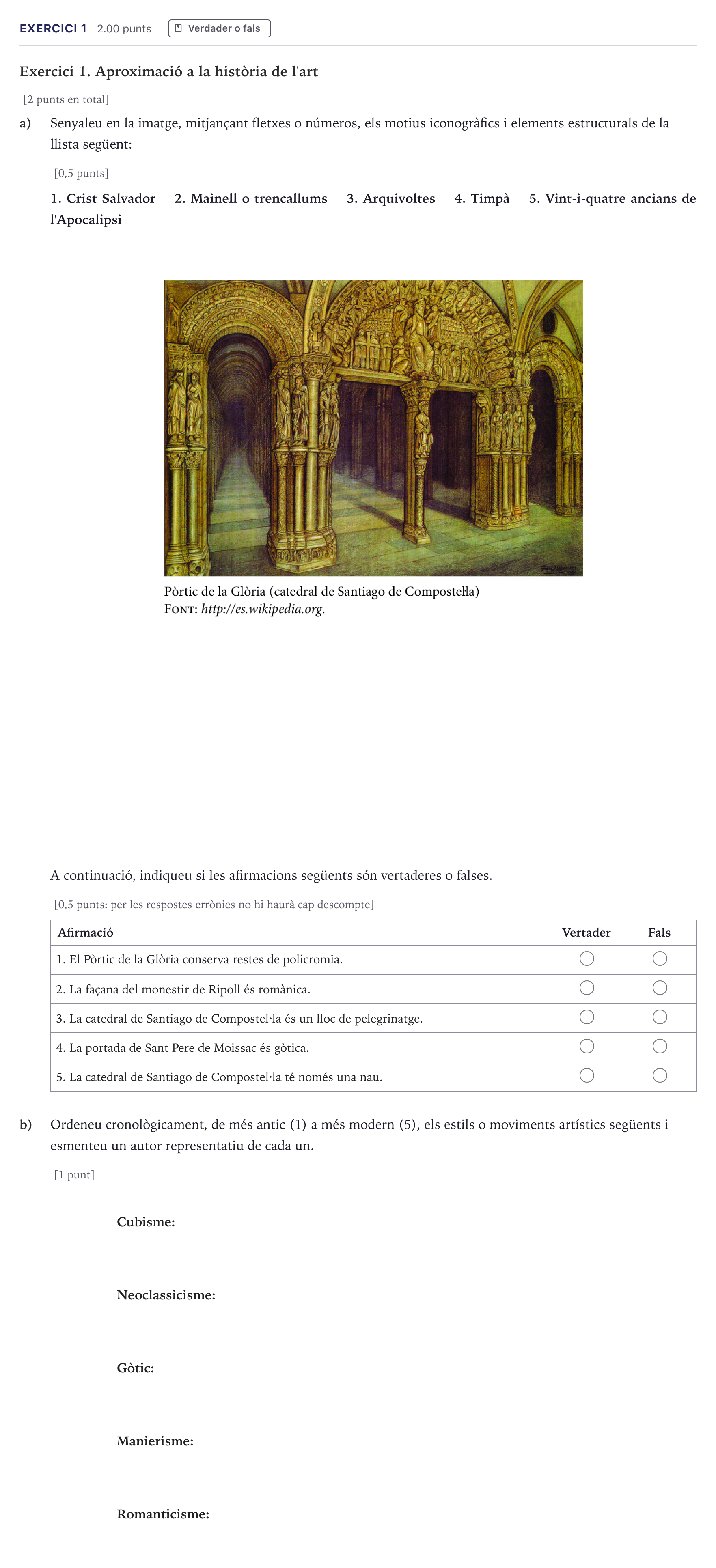 Enunciado: Exercici 1 · Historia del Arte Selectividad Cataluña Setembre Serie 2 2026