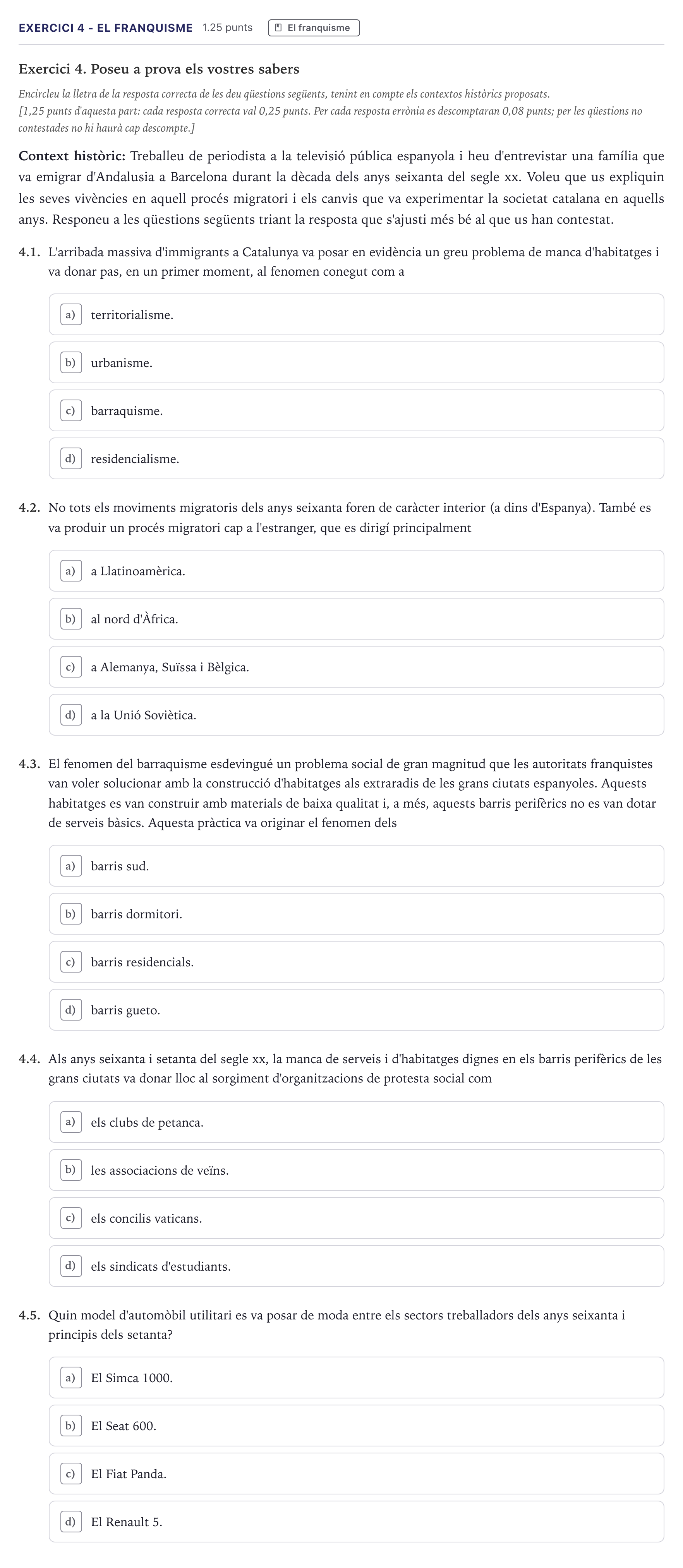 Enunciado: Exercici 4 - El franquisme · Historia de España Selectividad Cataluña Juny Serie 1 2026