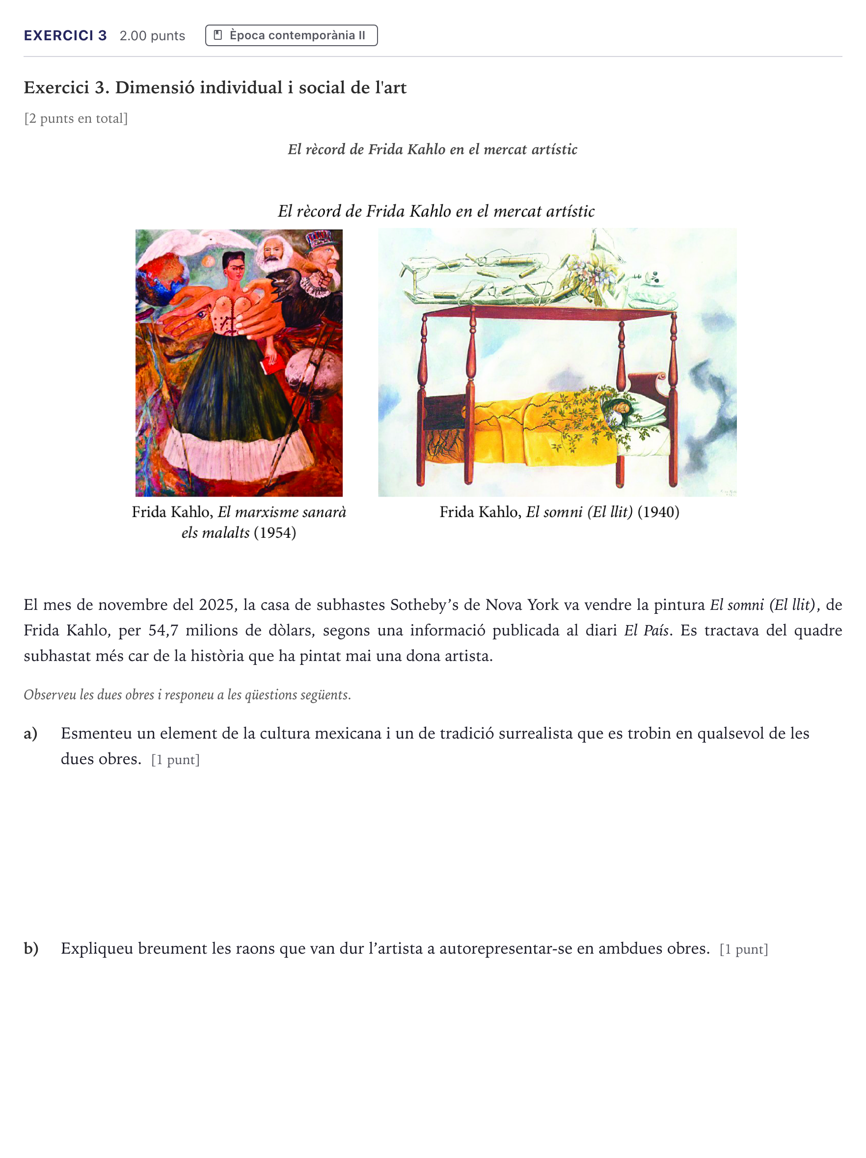Enunciado: Exercici 3 · Historia del Arte Selectividad Cataluña Juny Serie 1 2026