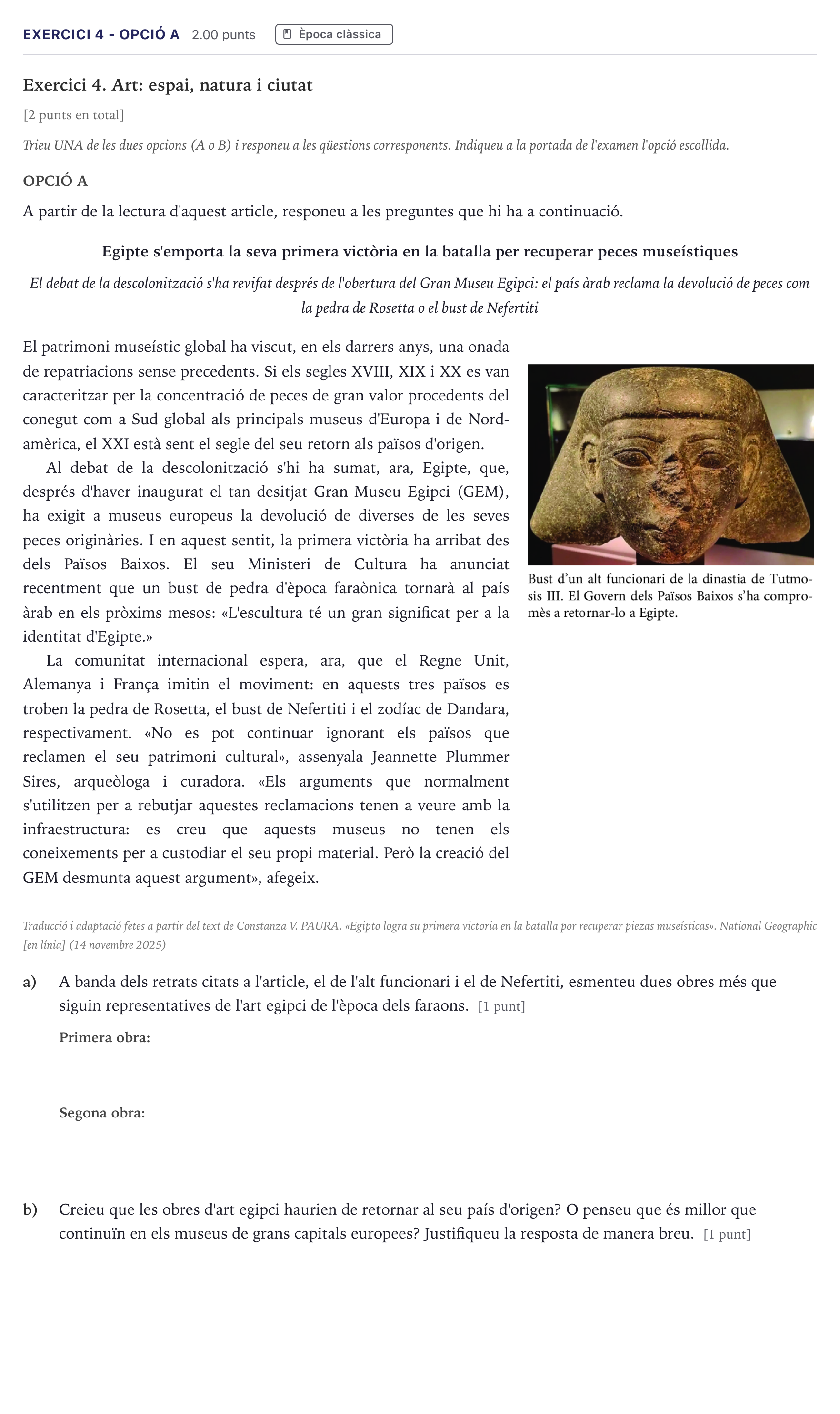 Enunciado: Exercici 4 - Opció A · Historia del Arte Selectividad Cataluña Juny Serie 1 2026