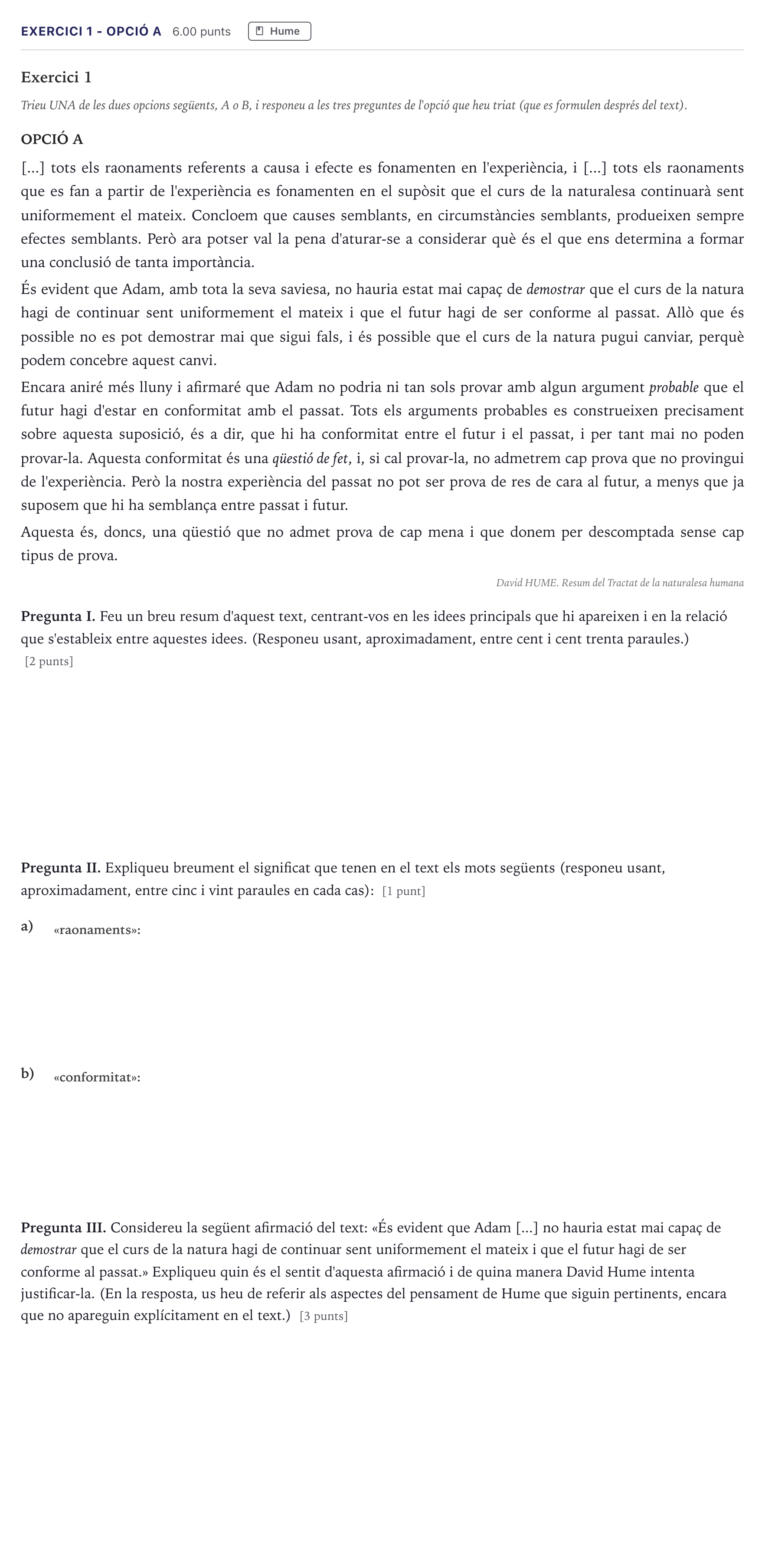 Enunciado: Exercici 1 - Opció A · Historia de la Filosofía Selectividad Cataluña Setembre Serie 2 2026