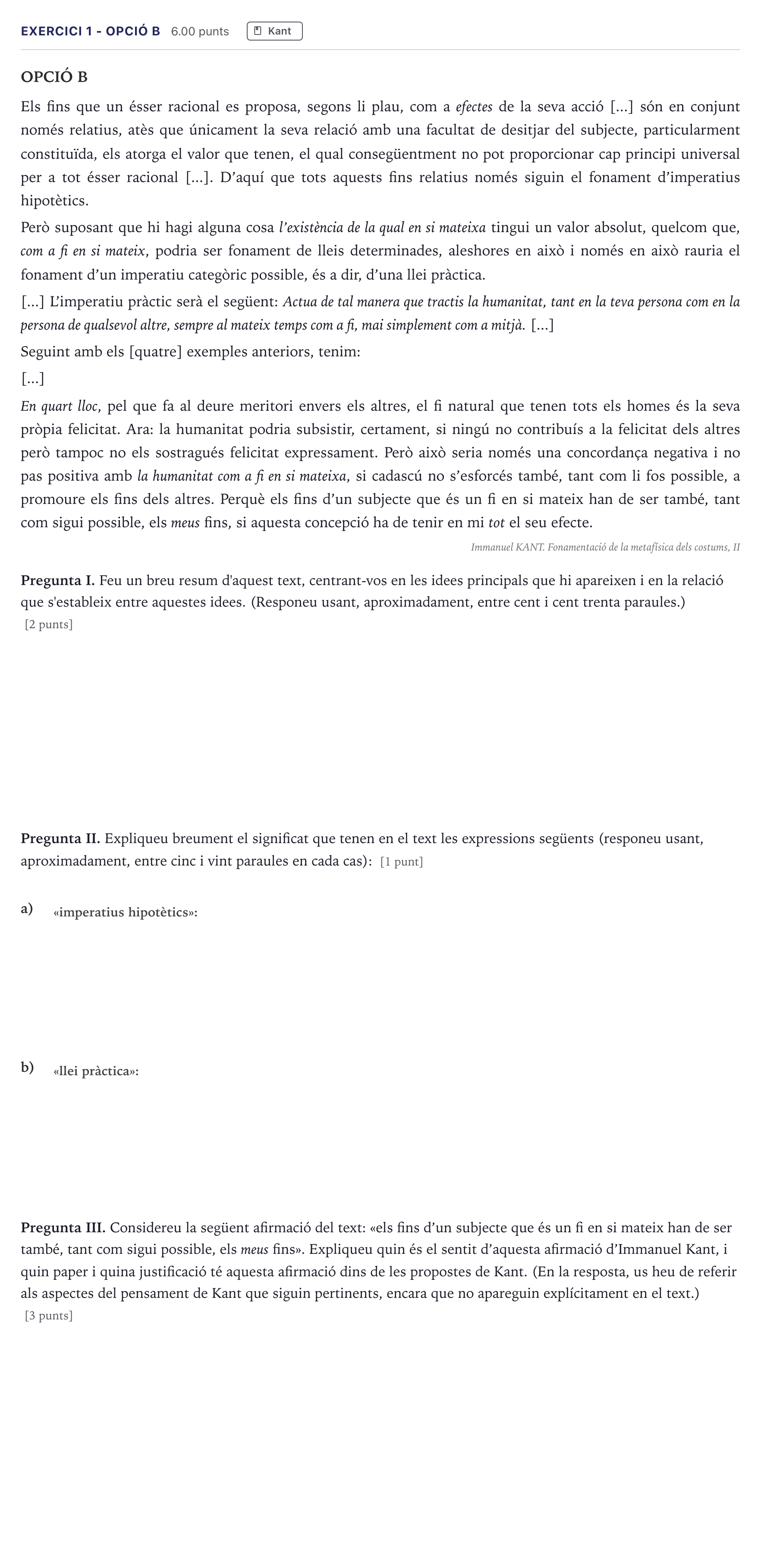 Enunciado: Exercici 1 - Opció B · Historia de la Filosofía Selectividad Cataluña Setembre Serie 2 2026