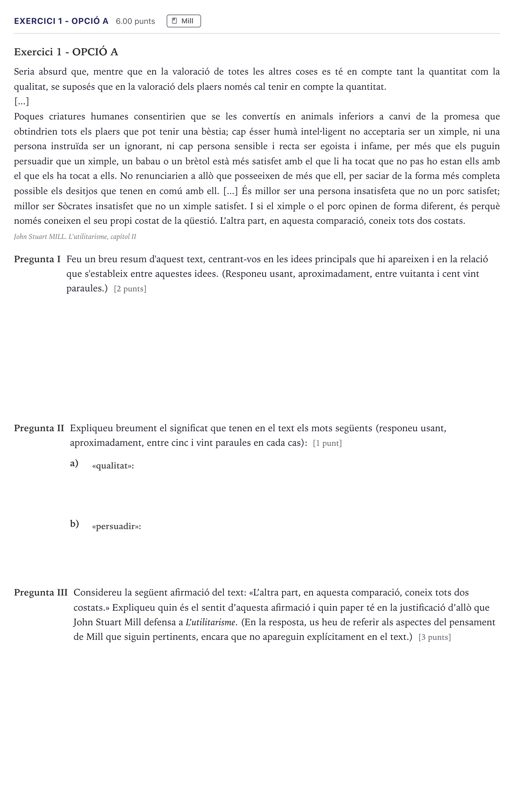 Enunciado: Exercici 1 - Opció A · Historia de la Filosofía Selectividad Cataluña Juny Serie 5 2026