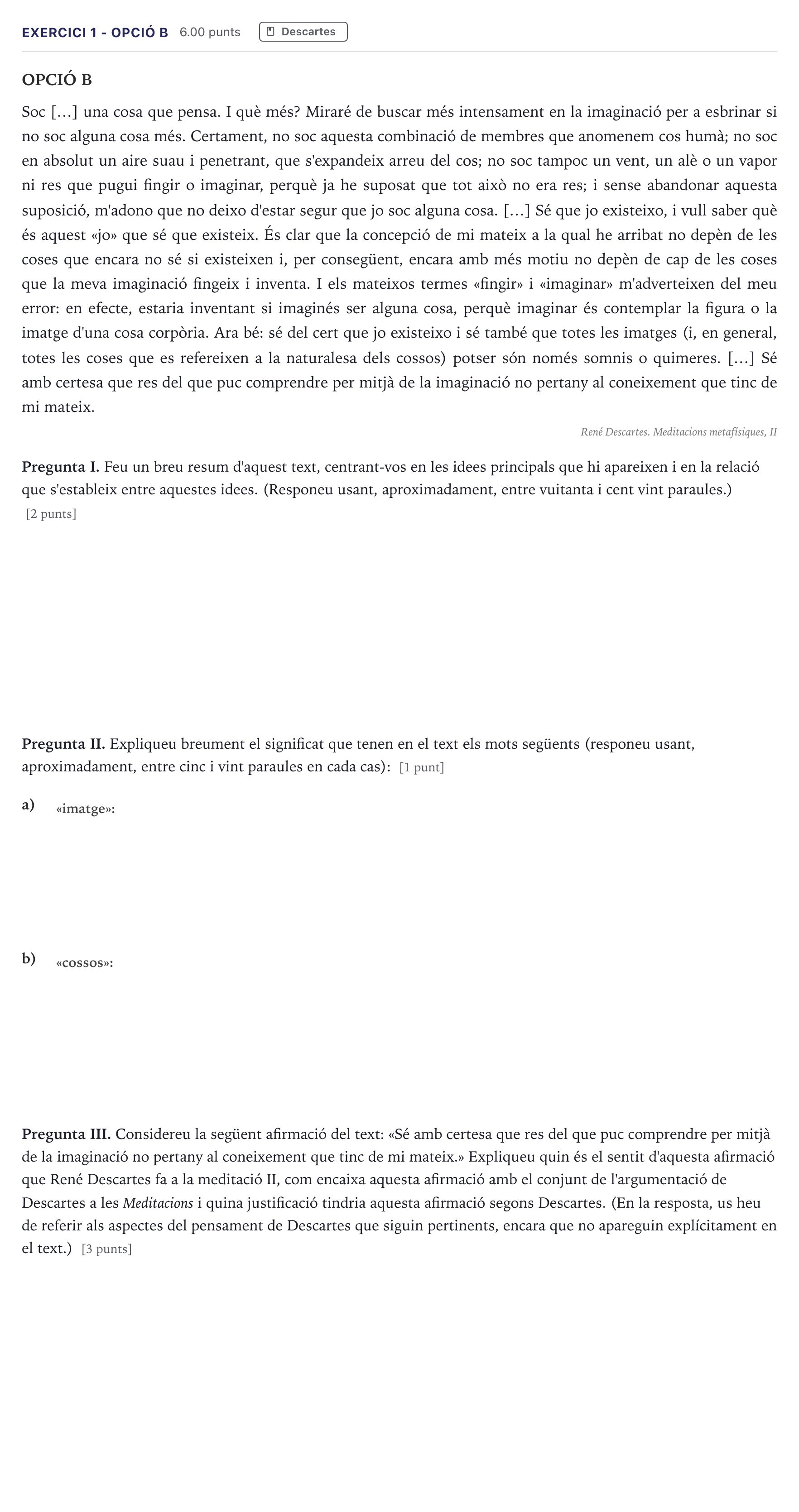 Enunciado: Exercici 1 - Opció B · Historia de la Filosofía Selectividad Cataluña Juny Serie 5 2026
