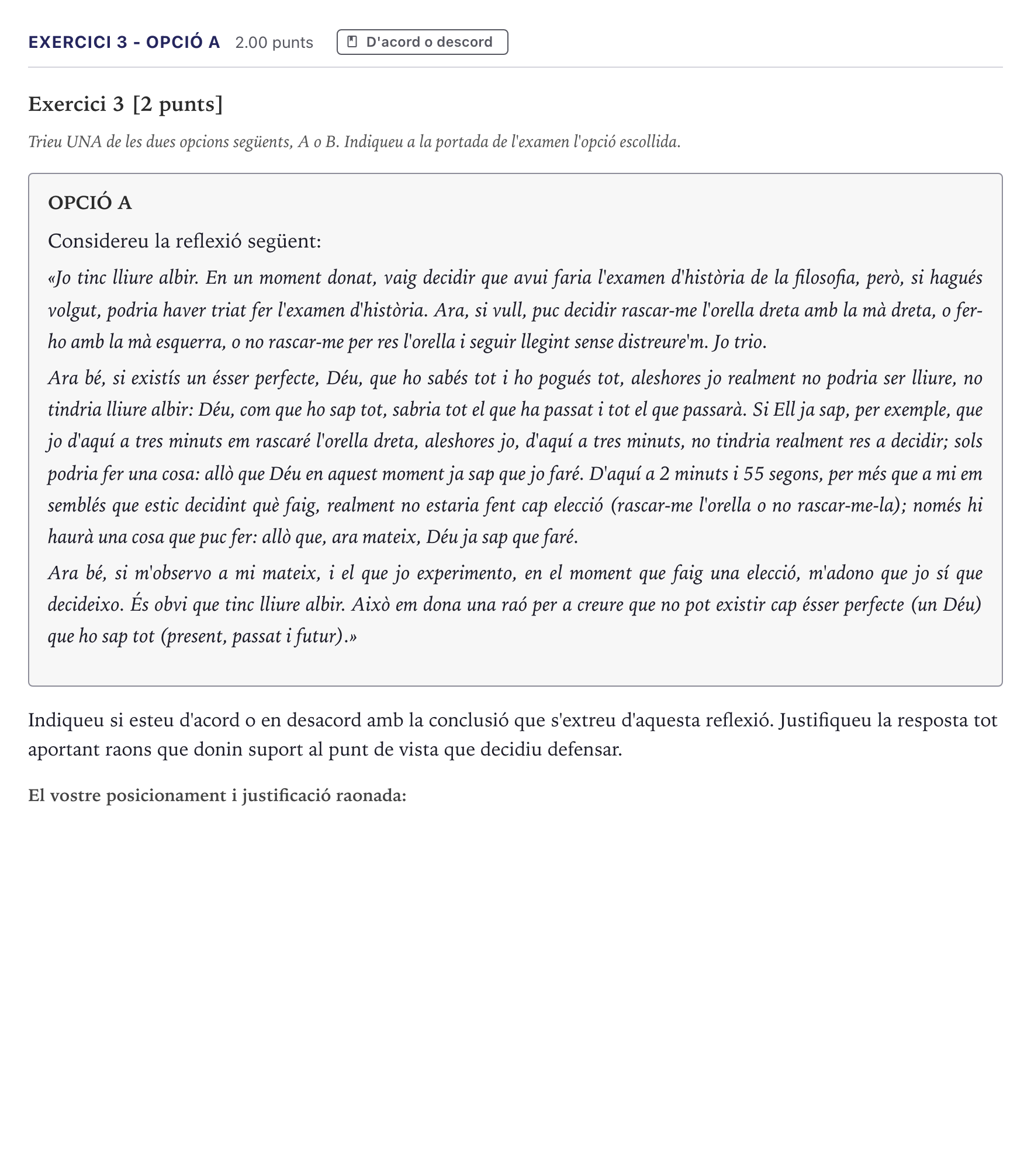 Enunciado: Exercici 3 - Opció A · Historia de la Filosofía Selectividad Cataluña Juny Serie 5 2026