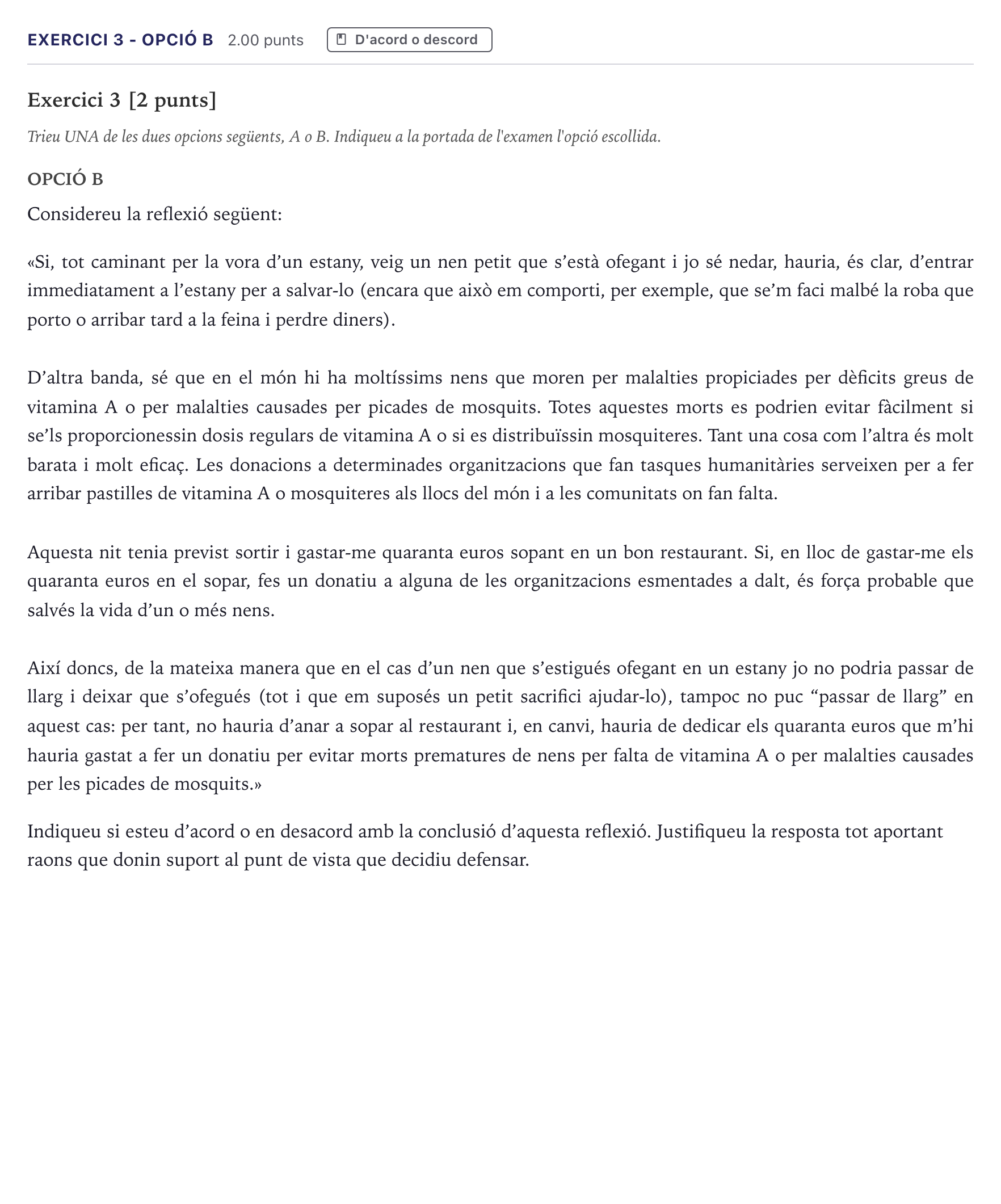 Enunciado: Exercici 3 - Opció B · Historia de la Filosofía Selectividad Cataluña Juny Serie 5 2026