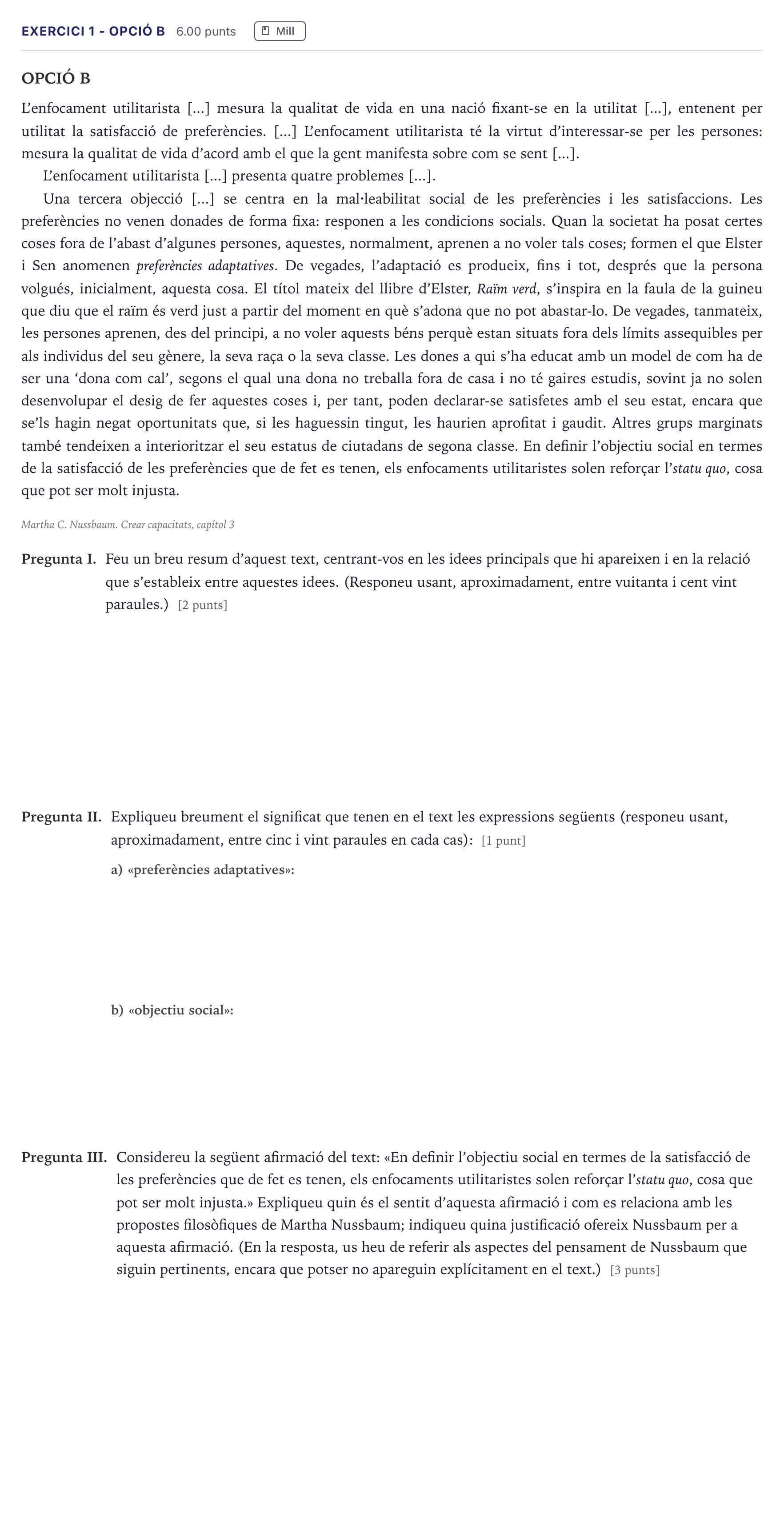 Enunciado: Exercici 1 - Opció B · Historia de la Filosofía Selectividad Cataluña Juny Serie 1 2026